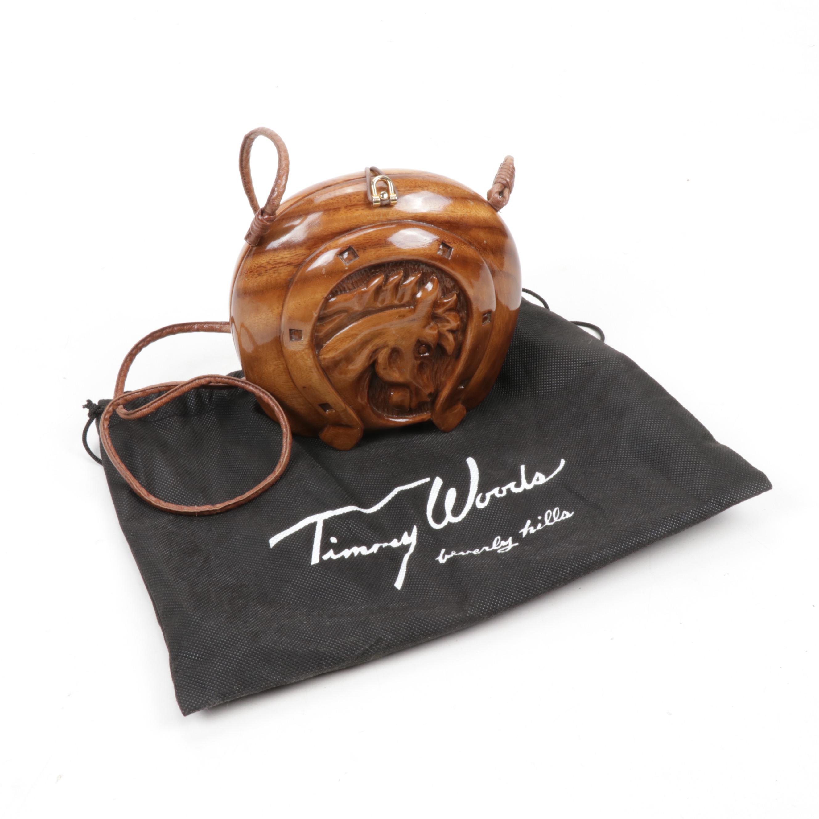 Timmy Woods Beverly Hills Carved Acacia Wood Horseshoe and Horse Head Purse