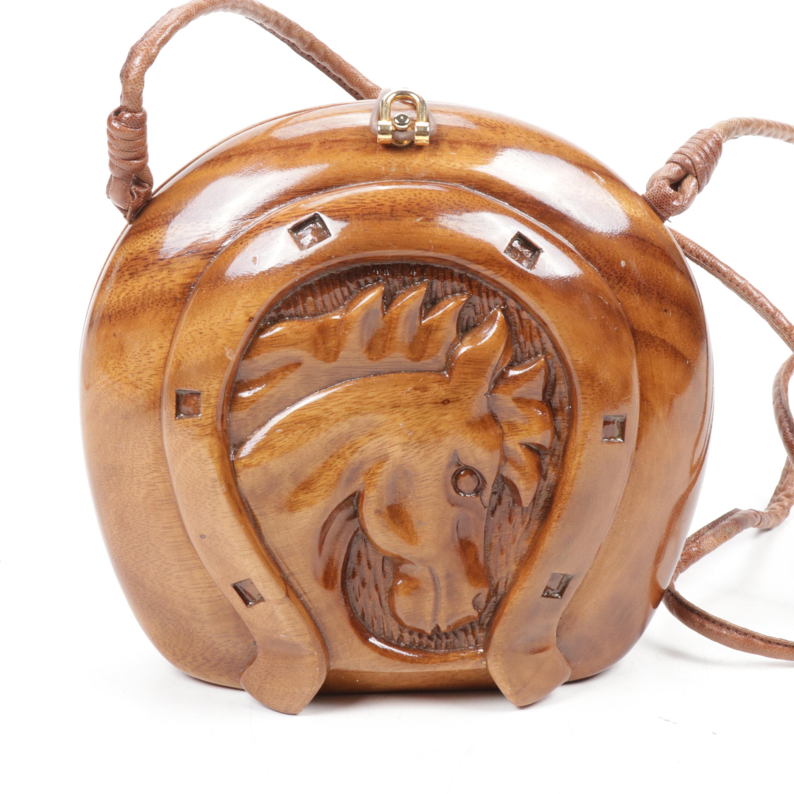 Timmy Woods Beverly Hills Carved Acacia Wood Horseshoe and Horse Head Purse