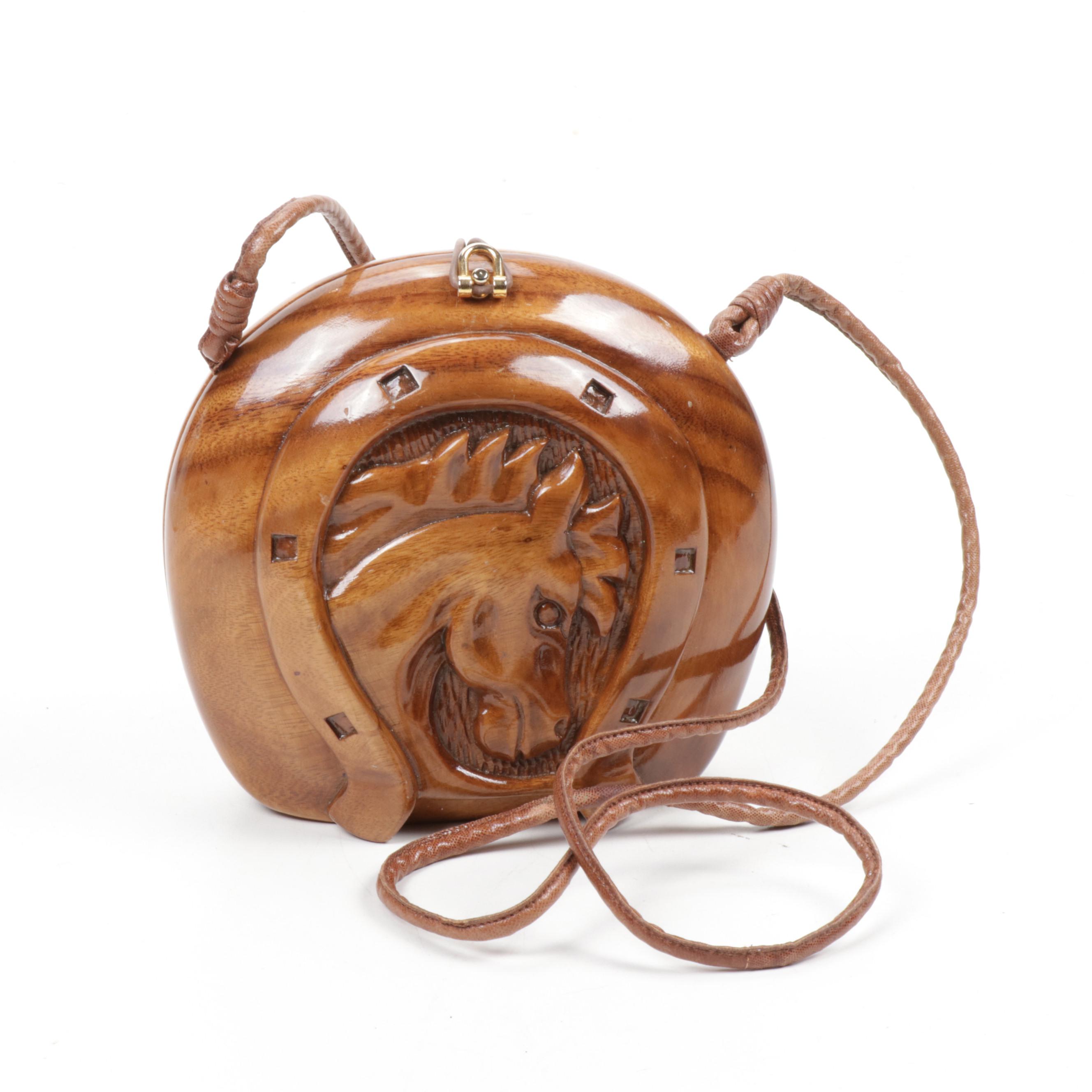 Timmy Woods Beverly Hills Carved Acacia Wood Horseshoe and Horse Head Purse