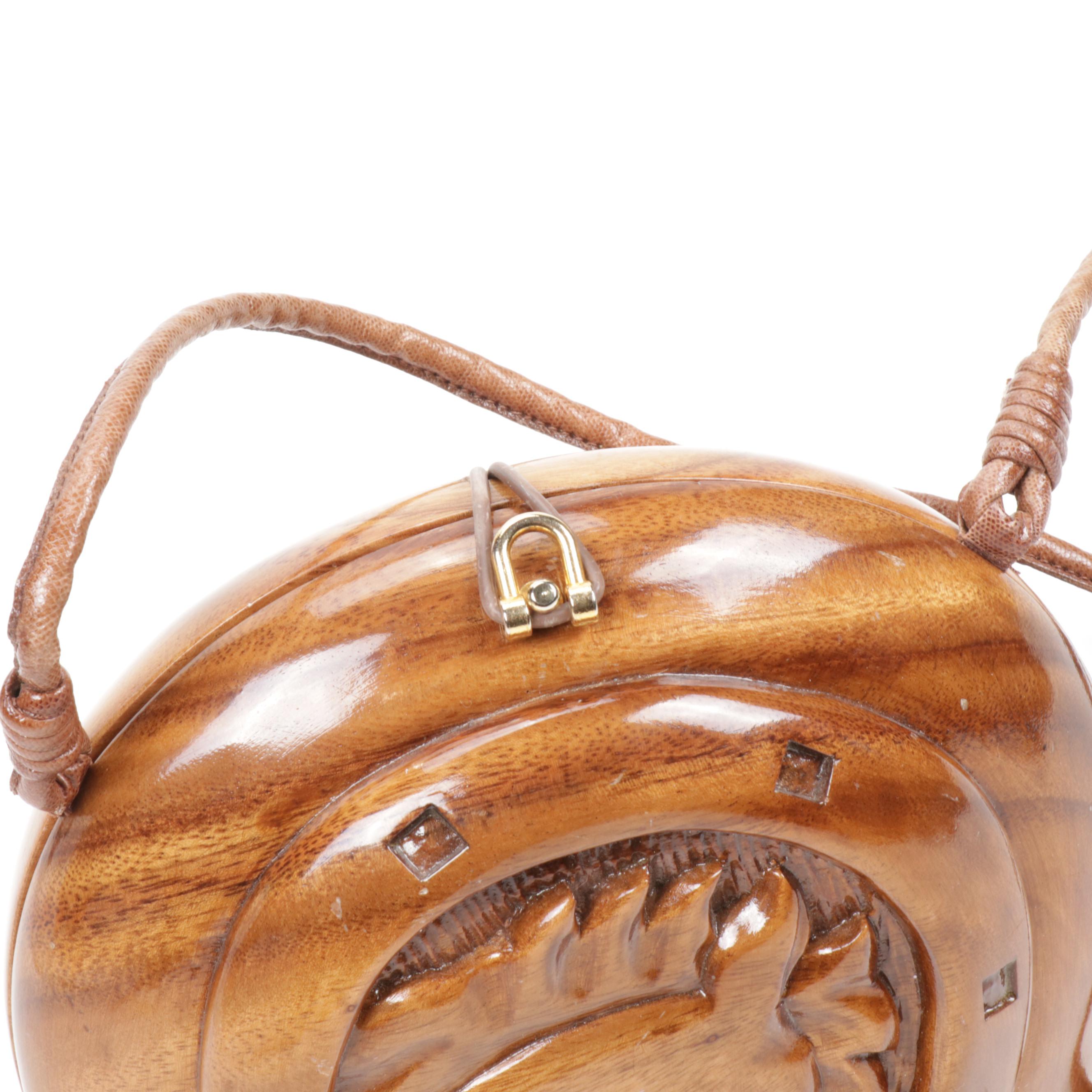 Timmy Woods Beverly Hills Carved Acacia Wood Horseshoe and Horse Head Purse