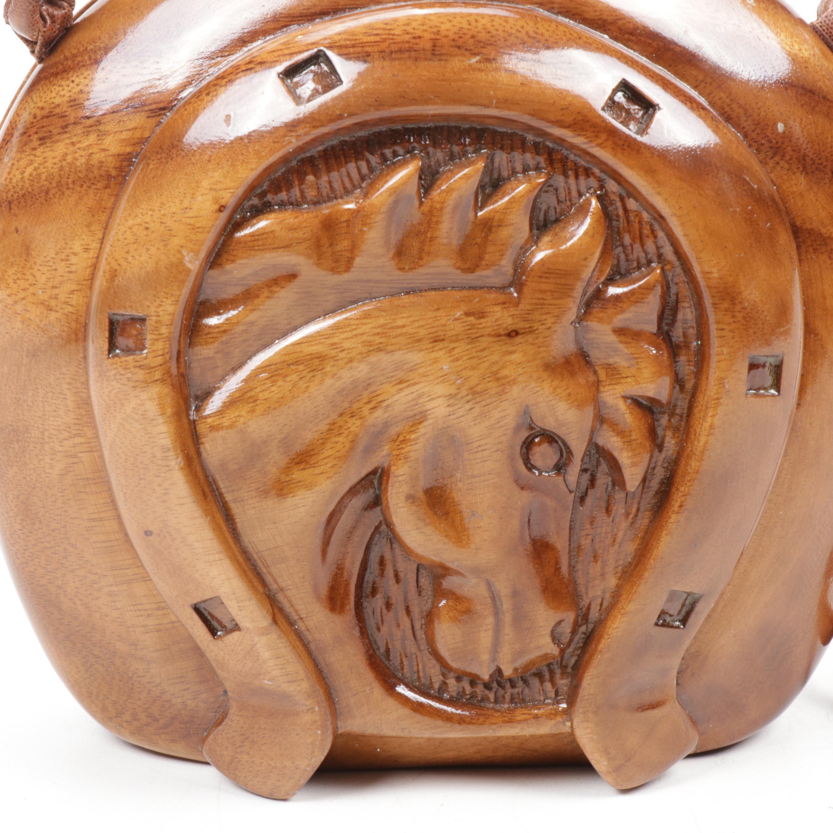 Timmy Woods Beverly Hills Carved Acacia Wood Horseshoe and Horse Head Purse
