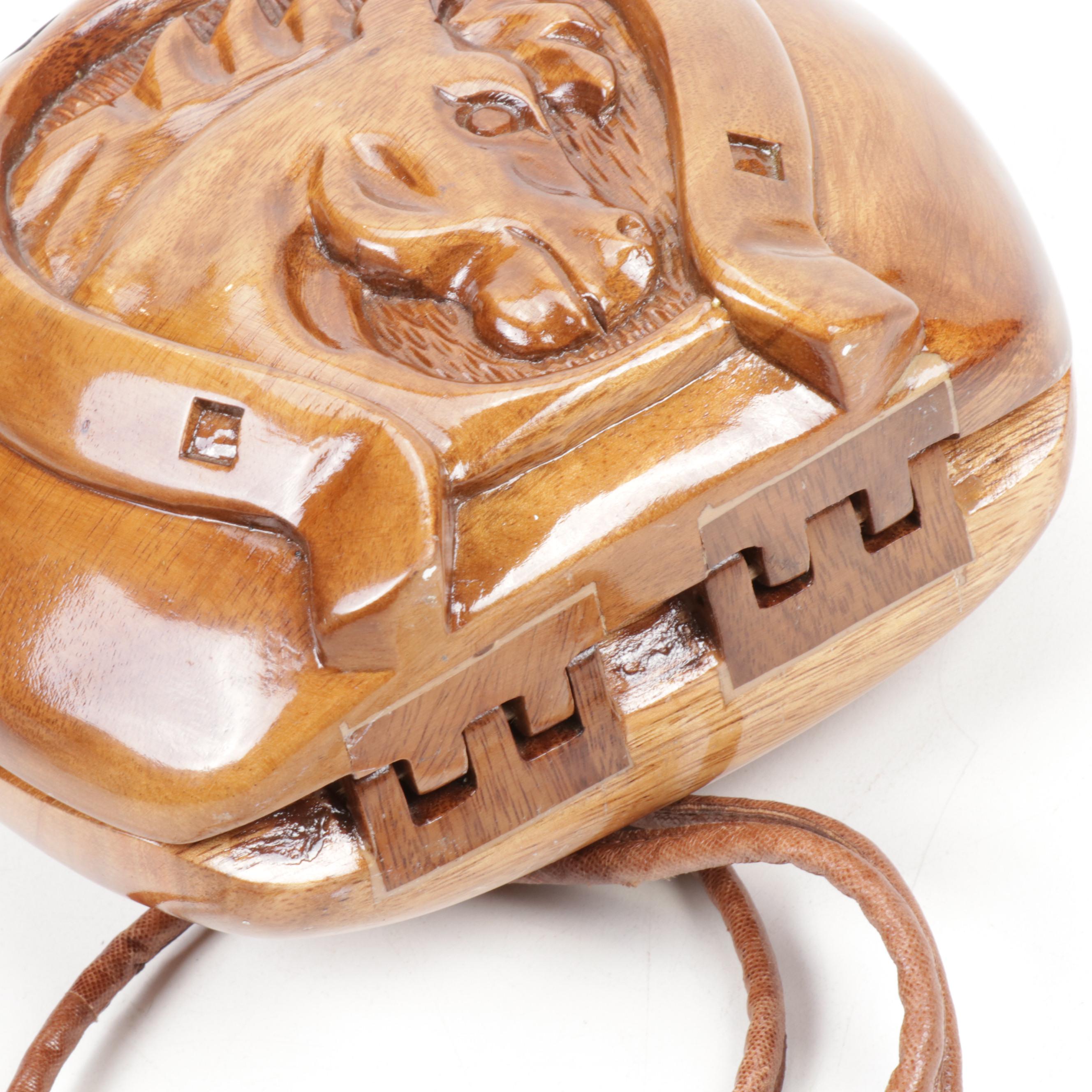 Timmy Woods Beverly Hills Carved Acacia Wood Horseshoe and Horse Head Purse