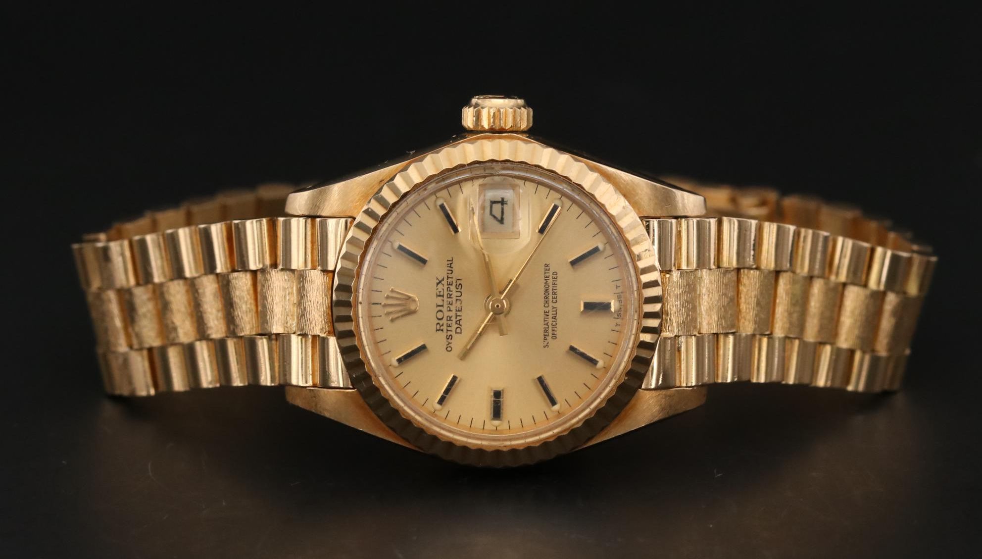 Vintage Rolex Datejust 18K Yellow Gold Watch with Bark Finish Bracelet