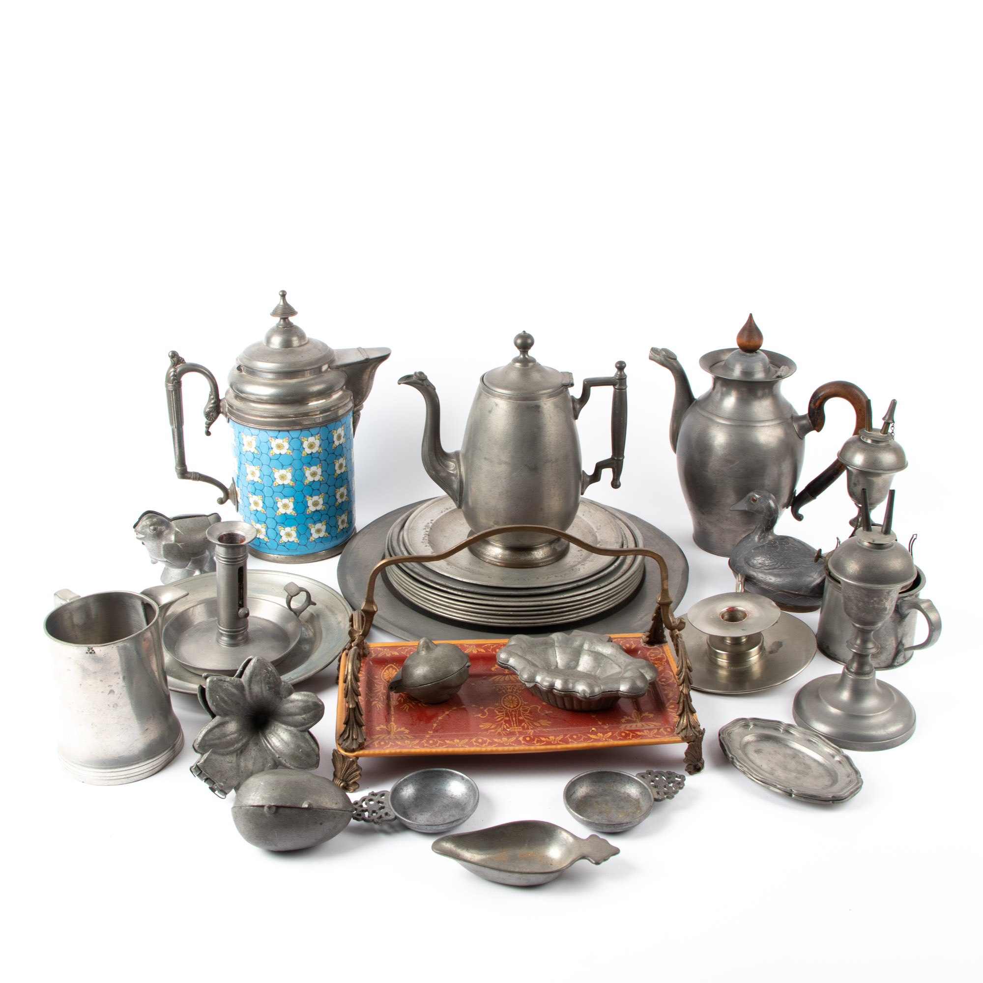 Pewter and Enamel Teapot, Pewter Ice Cream Molds, and More