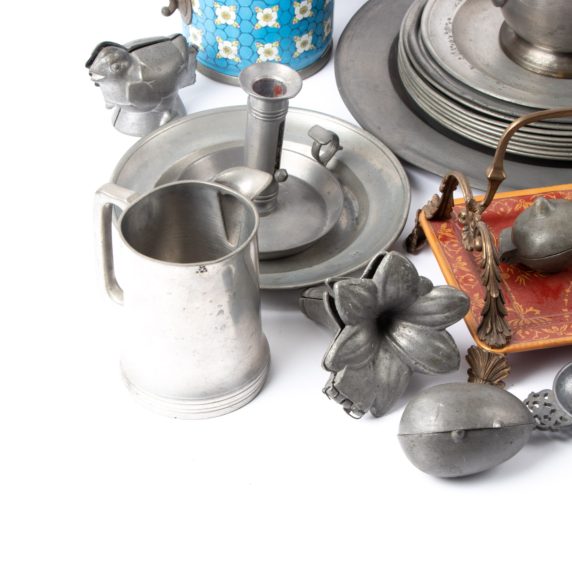 Pewter and Enamel Teapot, Pewter Ice Cream Molds, and More