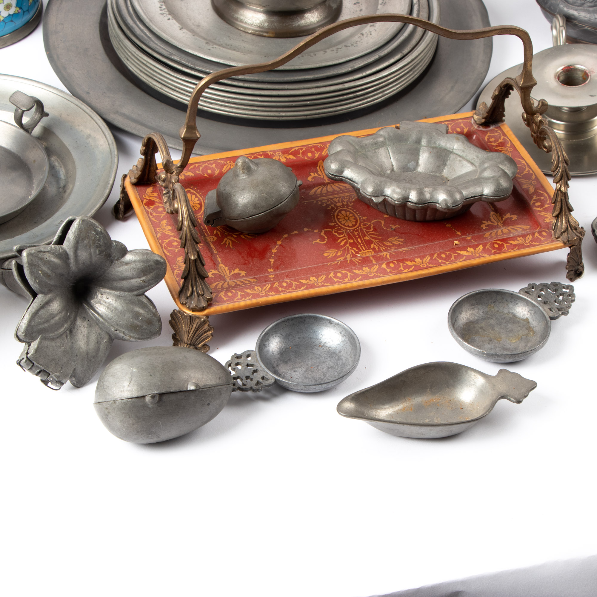 Pewter and Enamel Teapot, Pewter Ice Cream Molds, and More
