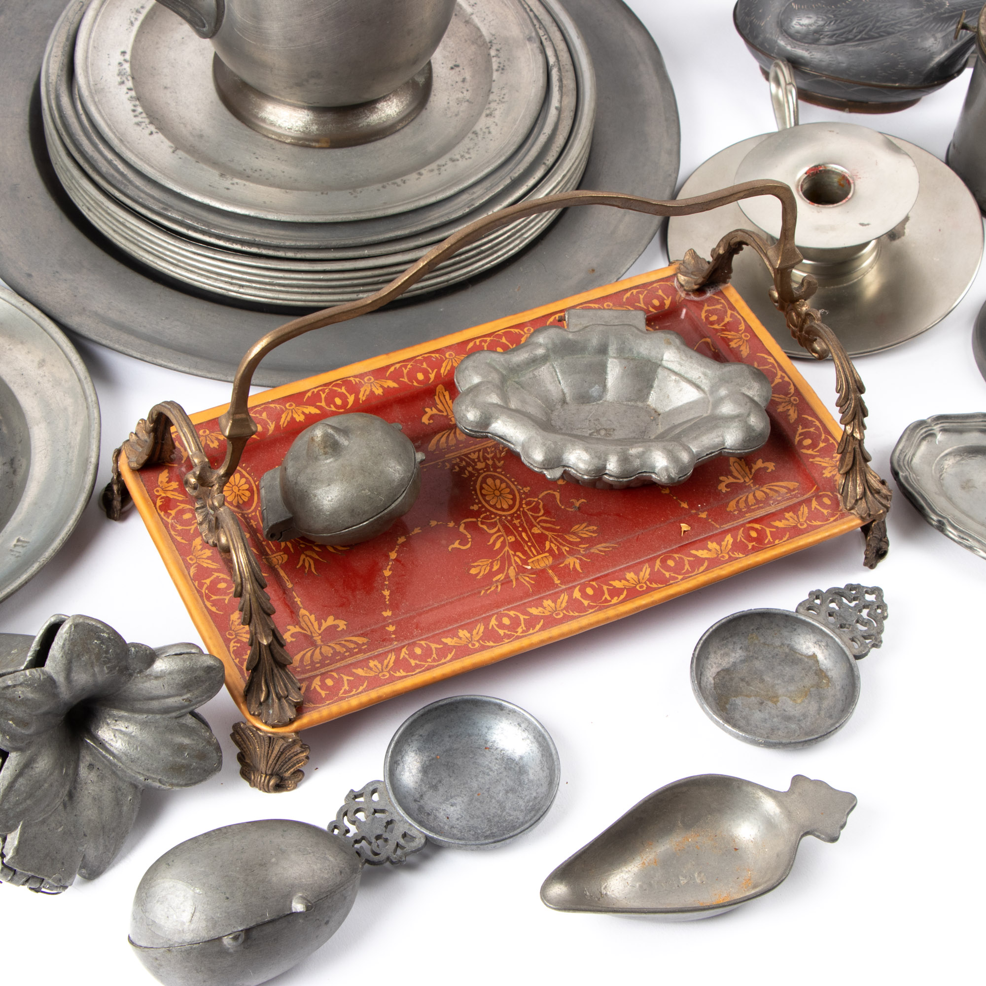 Pewter and Enamel Teapot, Pewter Ice Cream Molds, and More