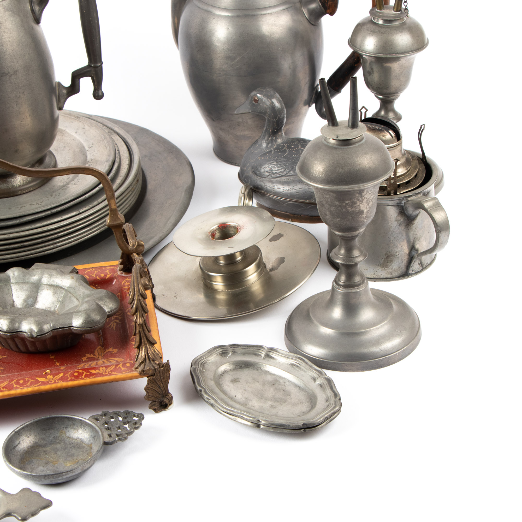 Pewter and Enamel Teapot, Pewter Ice Cream Molds, and More