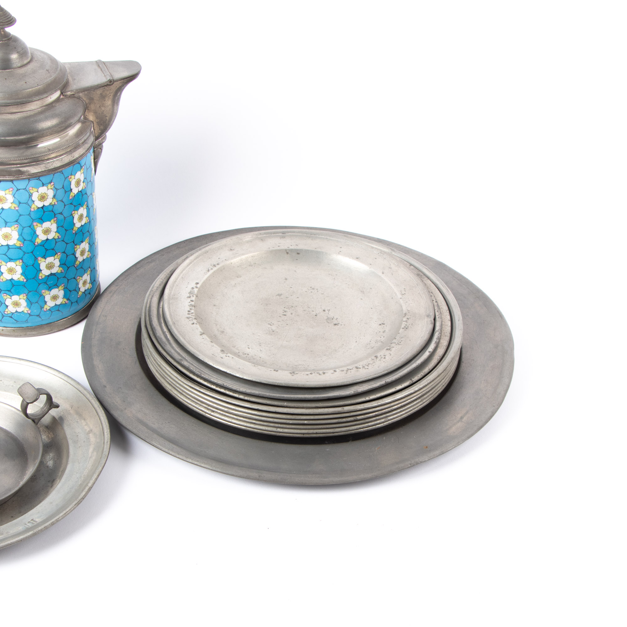 Pewter and Enamel Teapot, Pewter Ice Cream Molds, and More