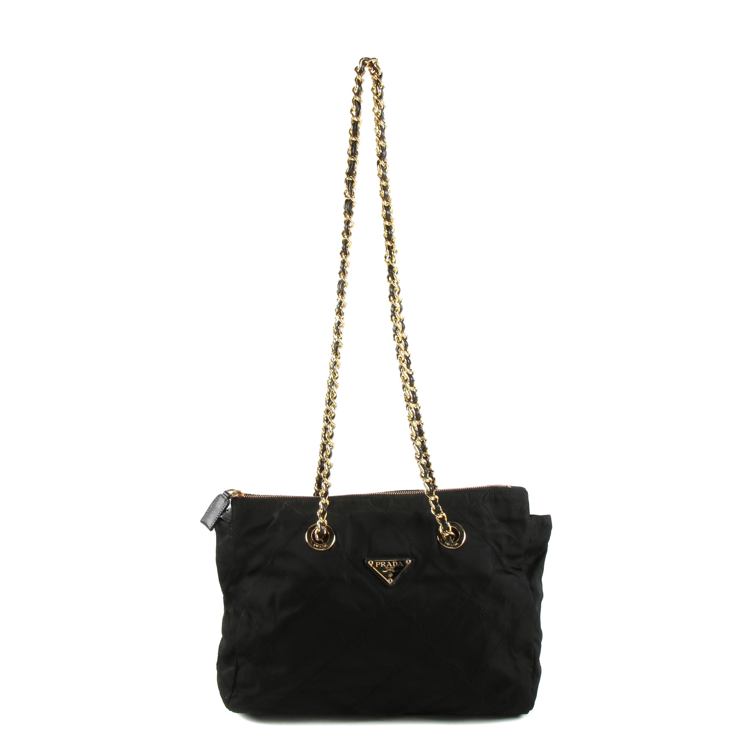 Prada Black Quilted Nylon Shoulder Bag with Gold Tone Chain and Leather Strap
