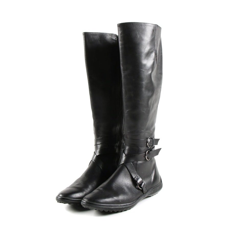 Saks Fifth Avenue Black Leather Tall Riding Style Boots with Crisscross Straps