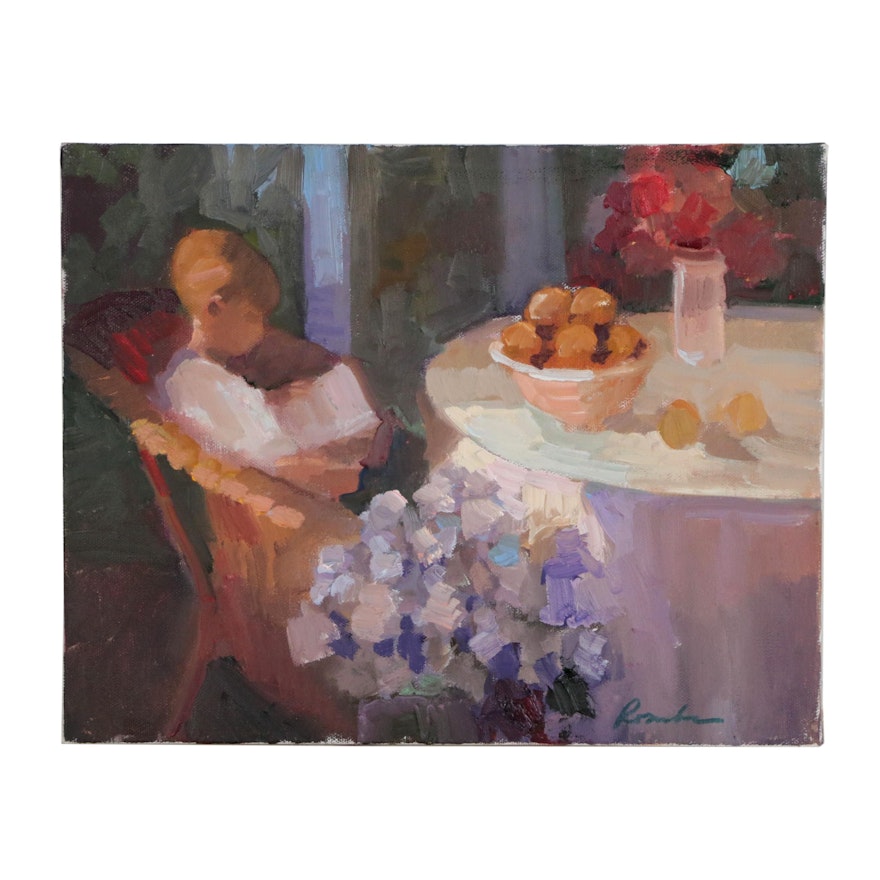 Sally Rosenbaum Oil Painting of Interior Scene with Boy Reading