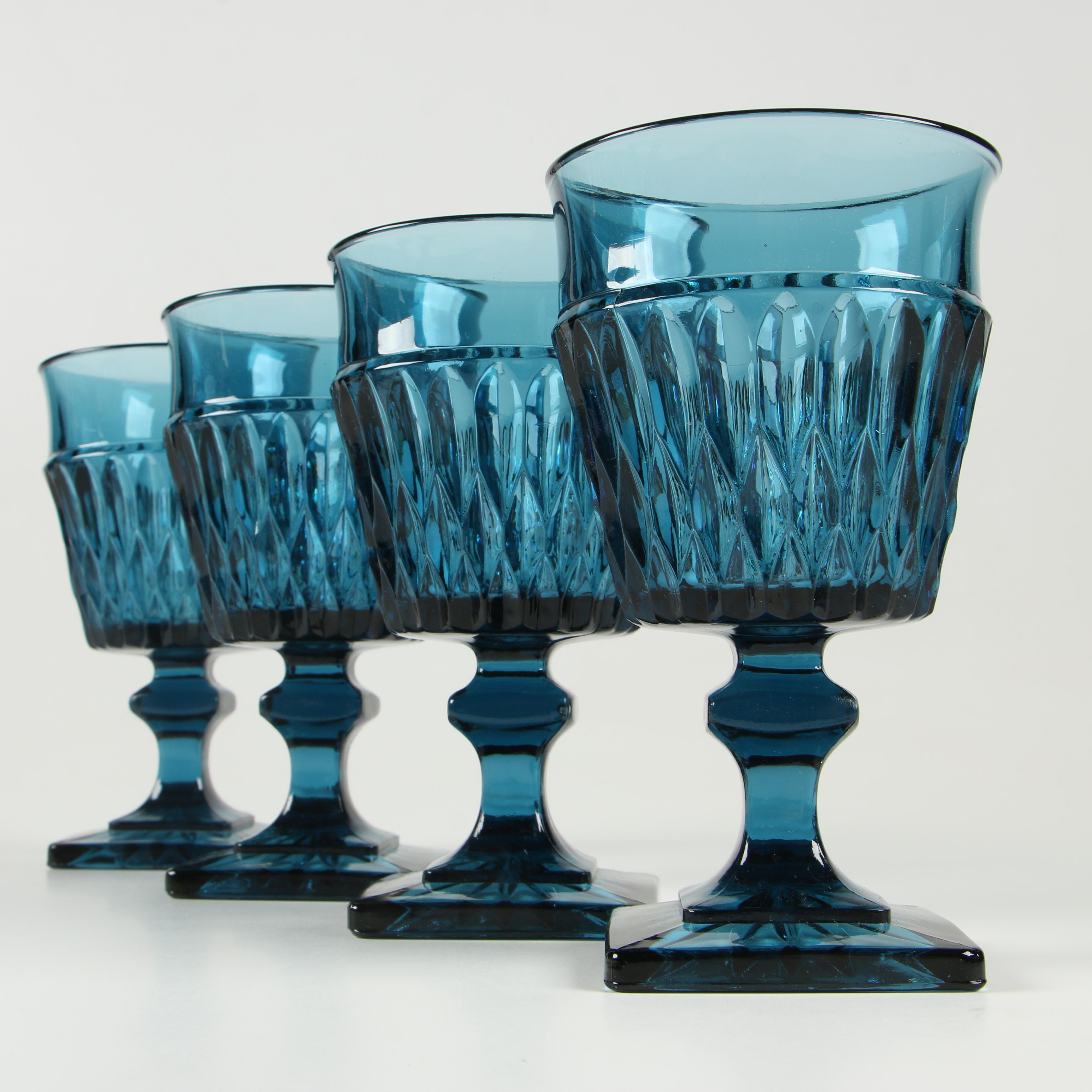 Indiana Glass Mount Vernon Blue Water Goblet Glasses, Vintage