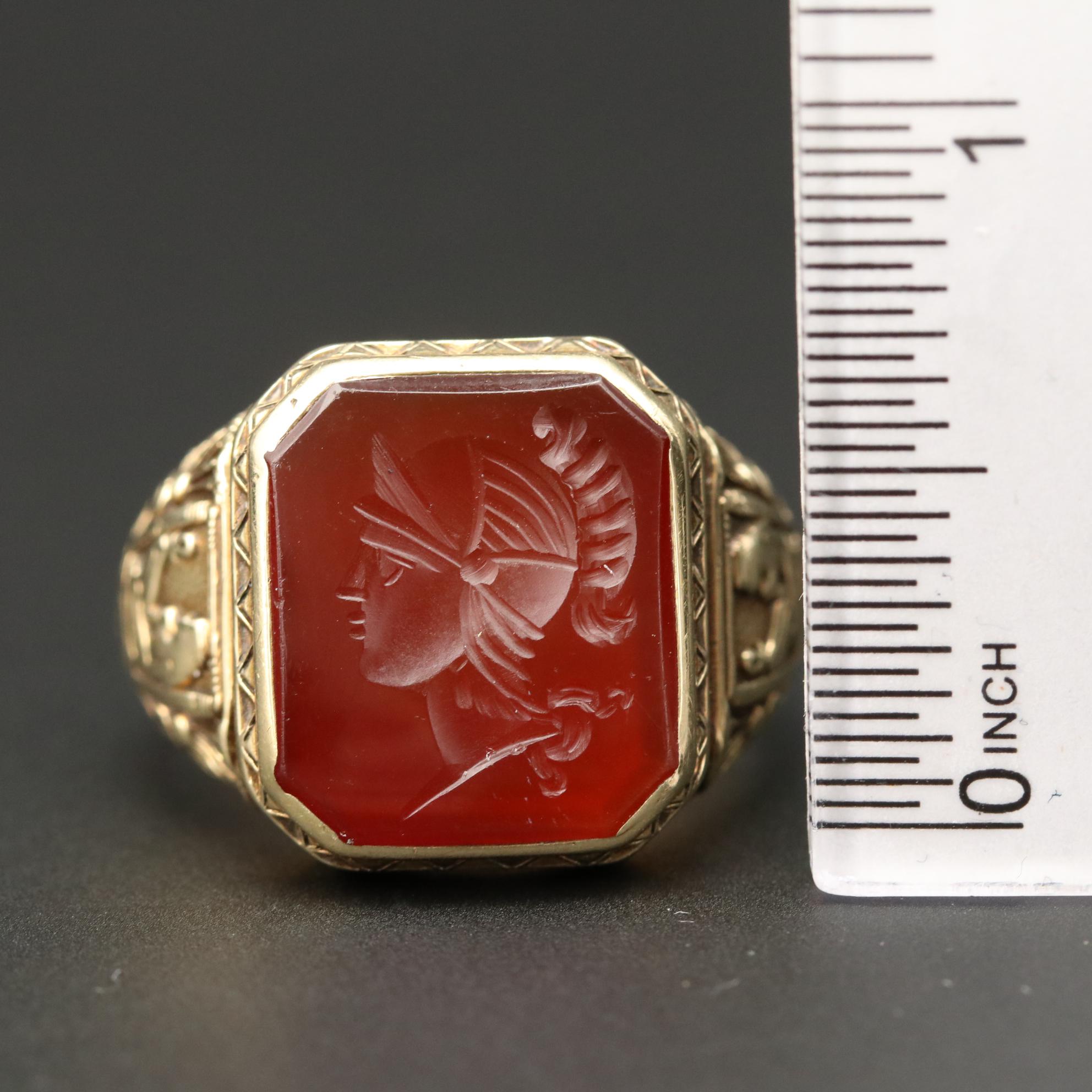 14K Yellow Gold Carnelian Intaglio Ring with Egyptian Motif