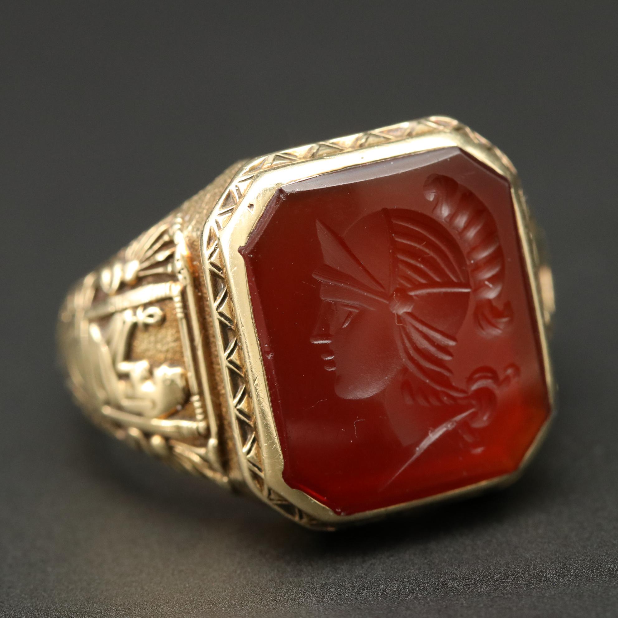 14K Yellow Gold Carnelian Intaglio Ring with Egyptian Motif