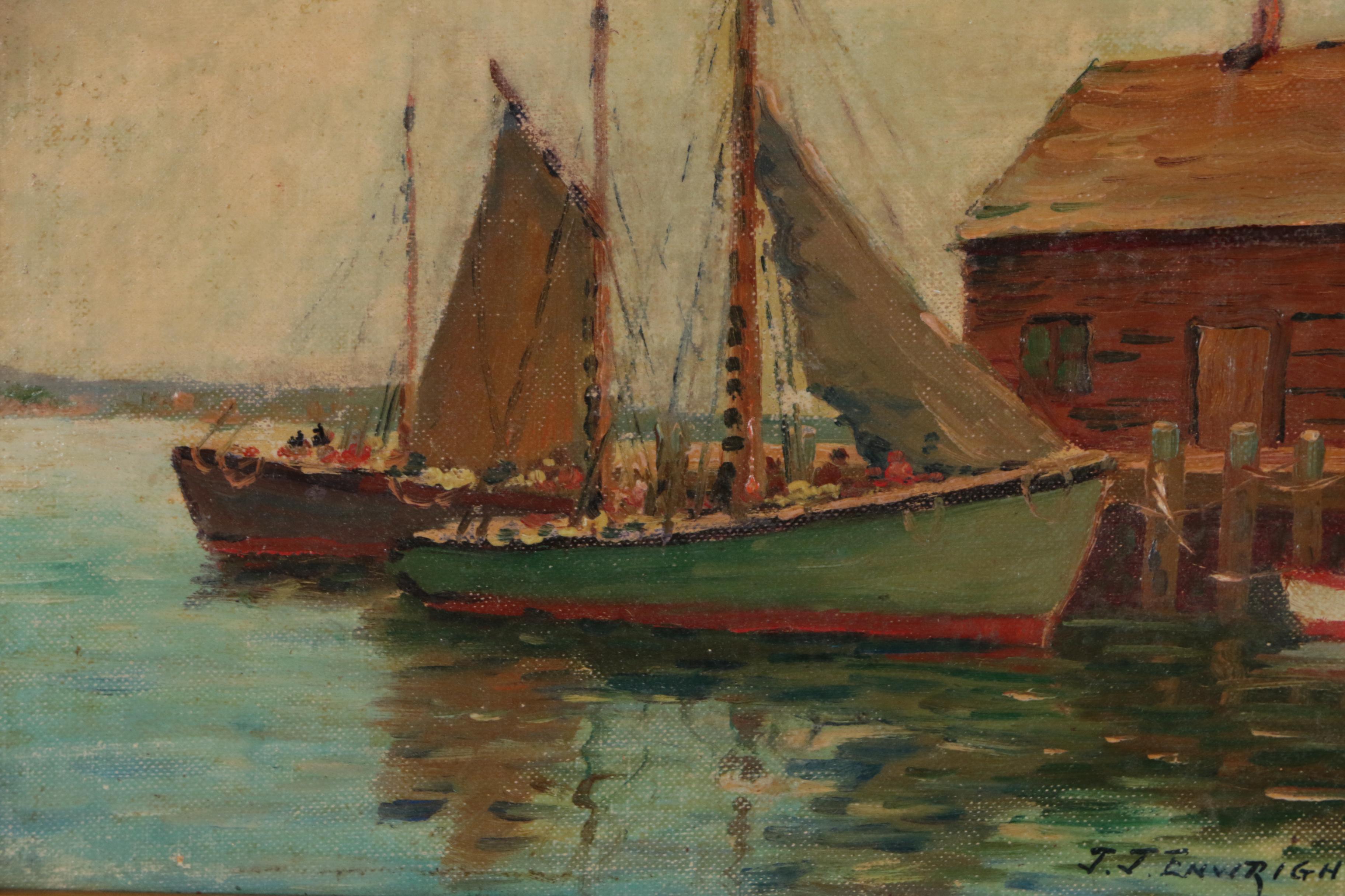 J. J. Enwright Harbor Scene Oil Painting