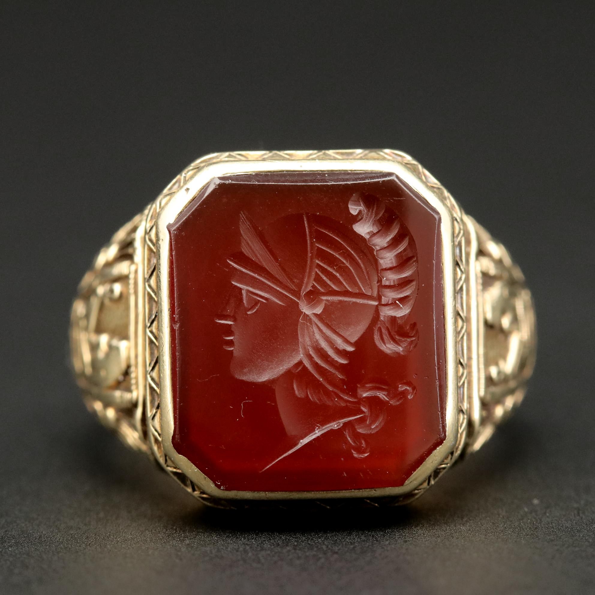 14K Yellow Gold Carnelian Intaglio Ring with Egyptian Motif