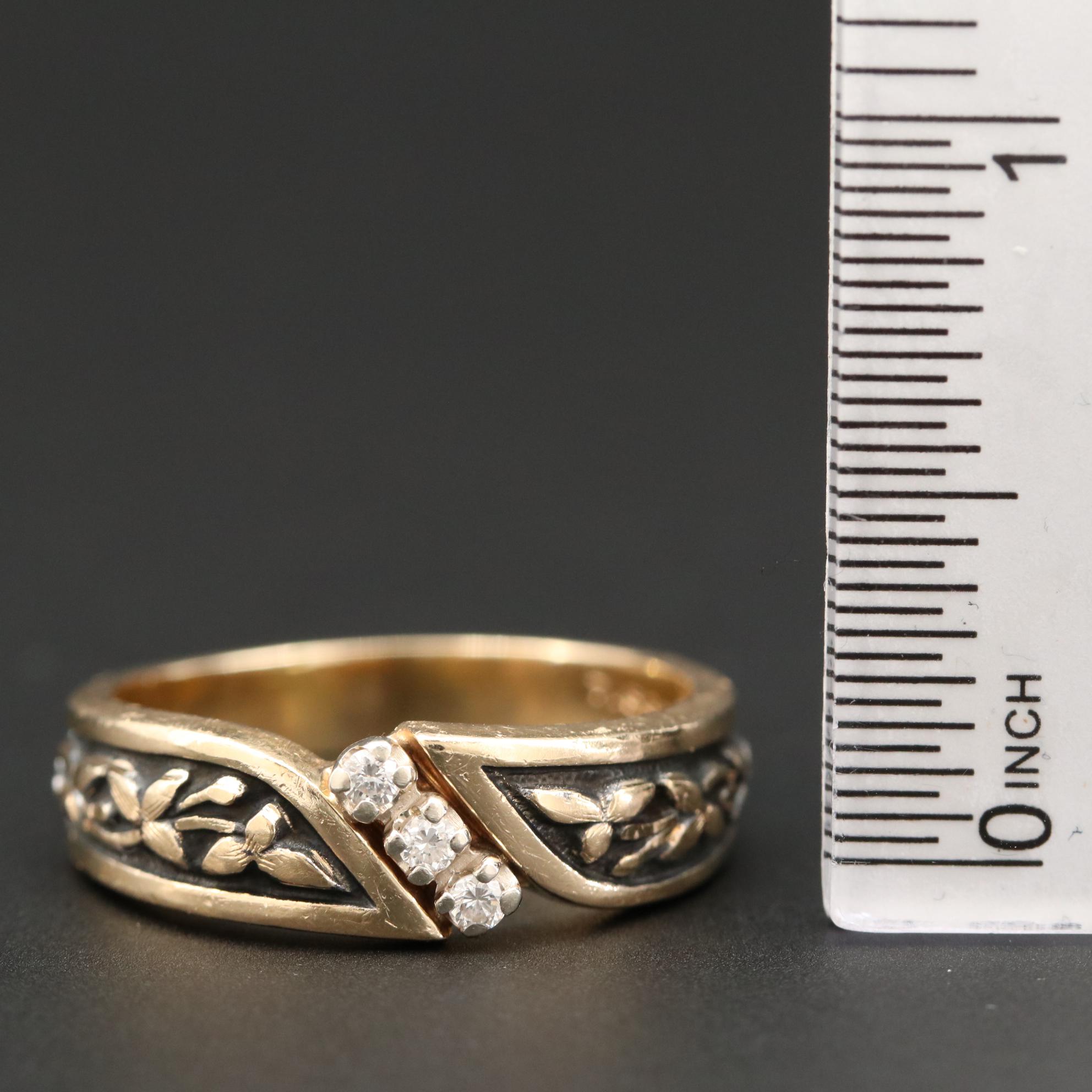 Vintage ArtCarved 14K Yellow Gold Diamond Floral Ring with Black Patina Accents