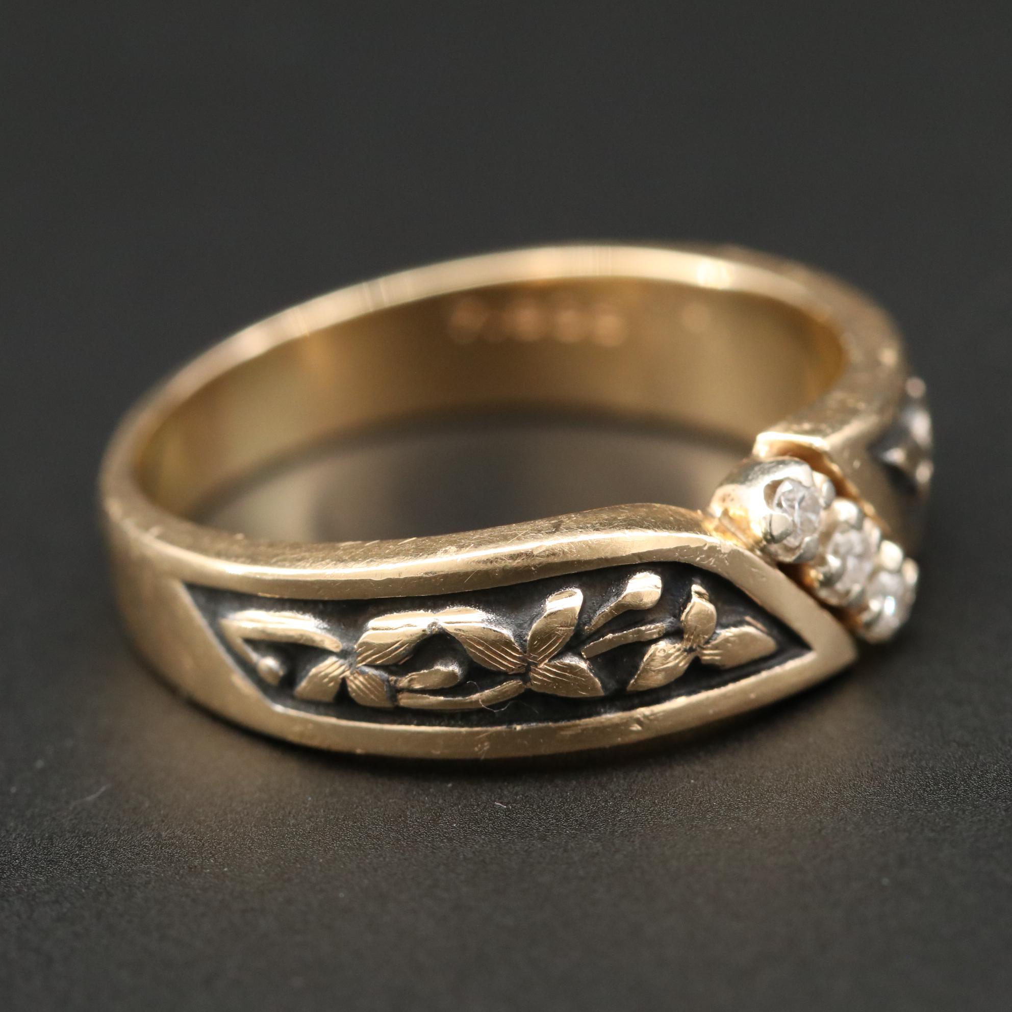 Vintage ArtCarved 14K Yellow Gold Diamond Floral Ring with Black Patina Accents