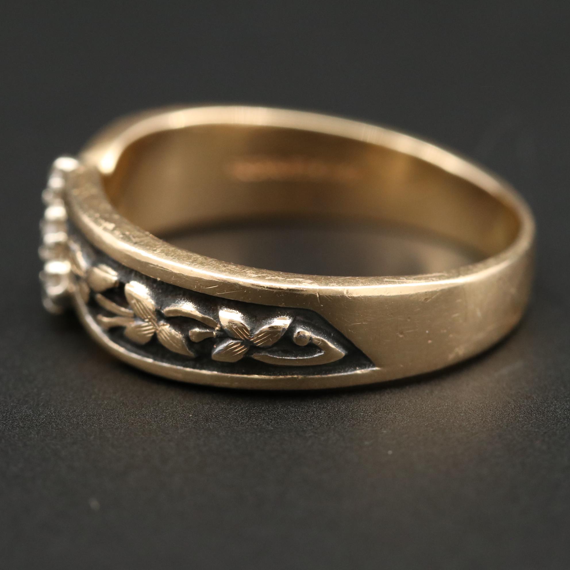 Vintage ArtCarved 14K Yellow Gold Diamond Floral Ring with Black Patina Accents