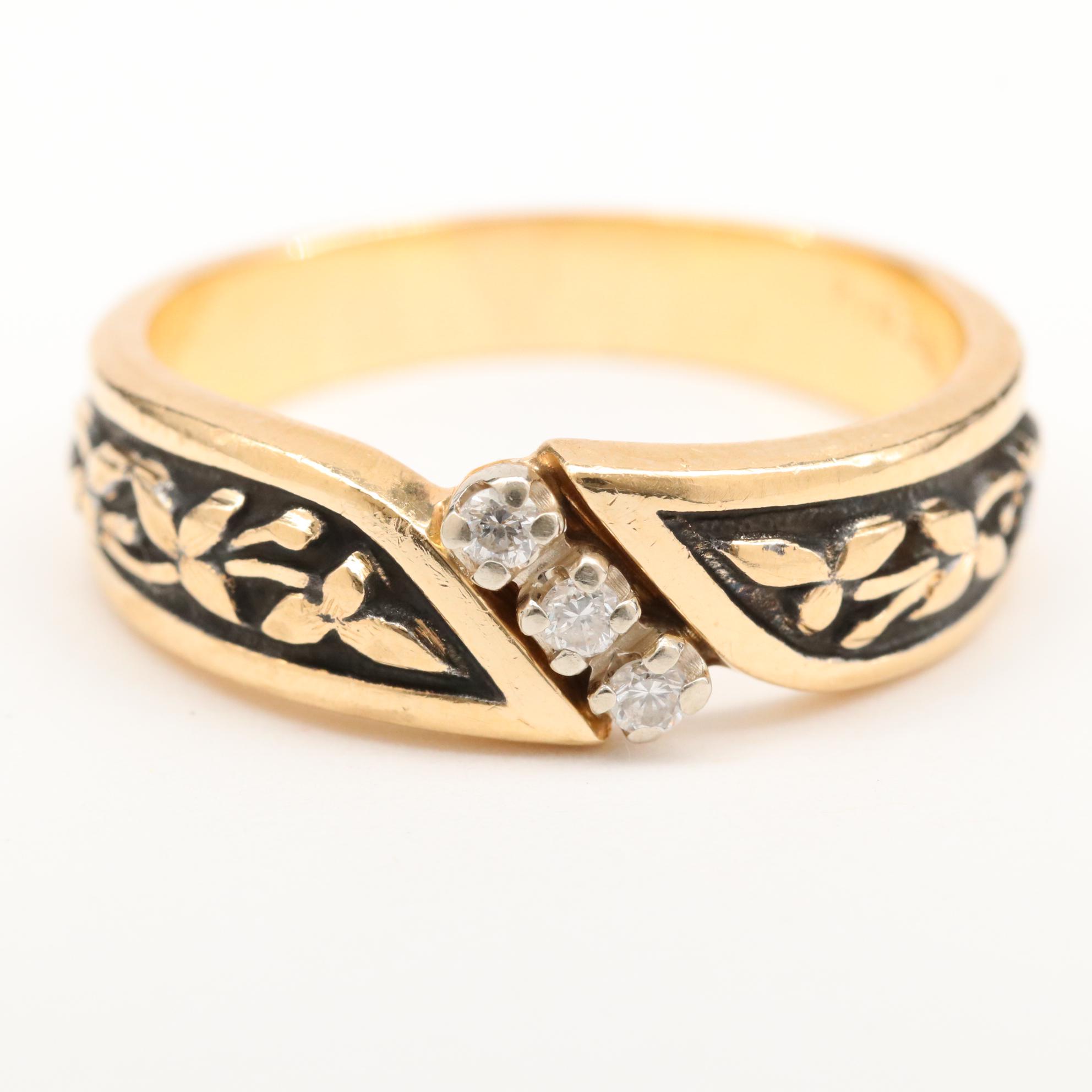 Vintage ArtCarved 14K Yellow Gold Diamond Floral Ring with Black Patina Accents
