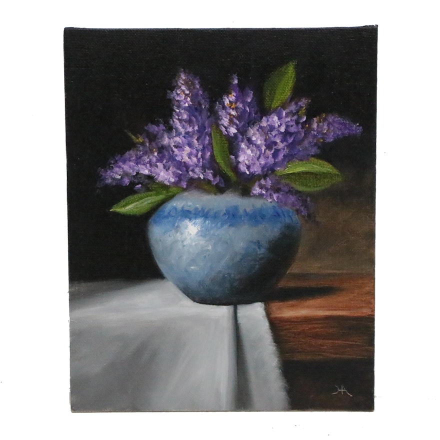 Houra H. Alghizzi Still Life Oil Painting "Lilacs in Porcelain Vase"