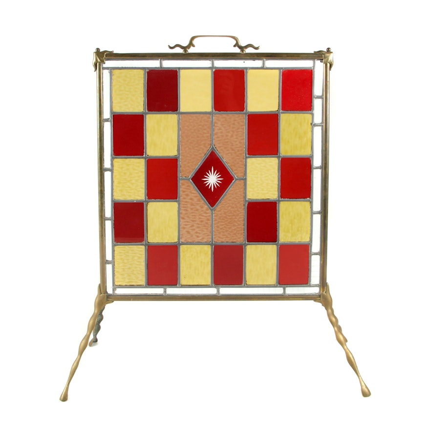 Brass and Leaded Stained Glass Fireplace Screen, Early 20th Century