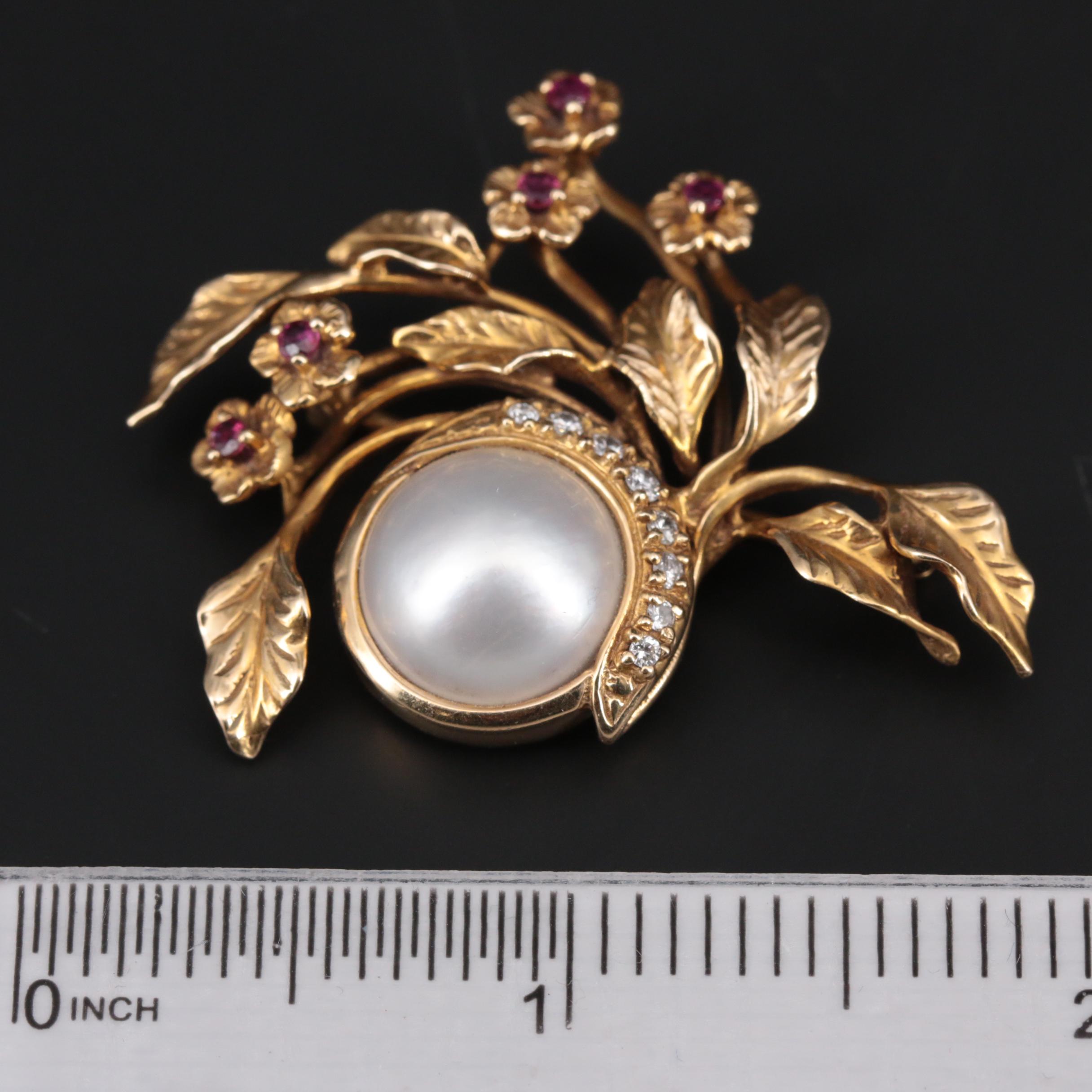 Vintage Givenchy Cultured Pearl, Diamond, and Ruby Floral Brooch