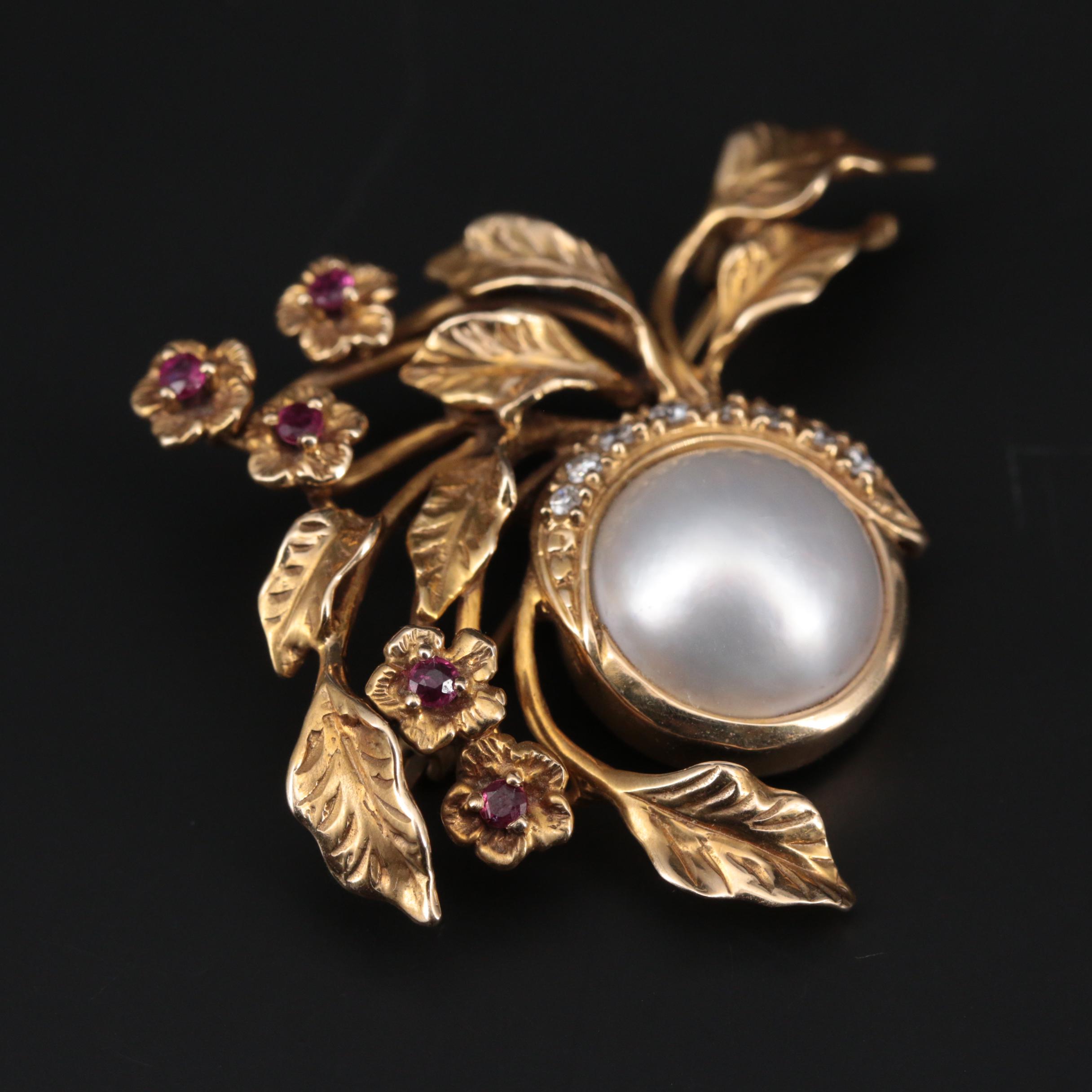 Vintage Givenchy Cultured Pearl, Diamond, and Ruby Floral Brooch