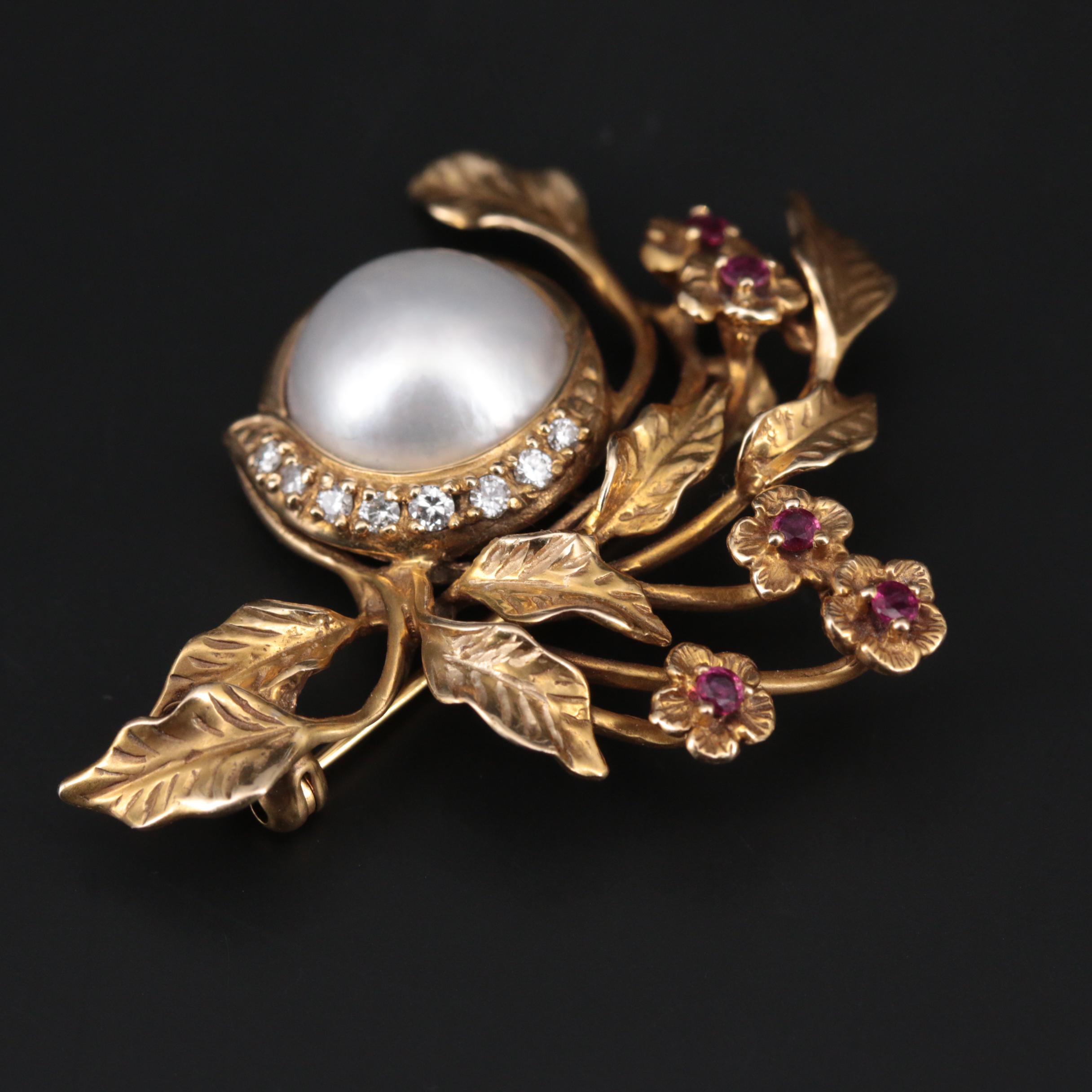 Vintage Givenchy Cultured Pearl, Diamond, and Ruby Floral Brooch