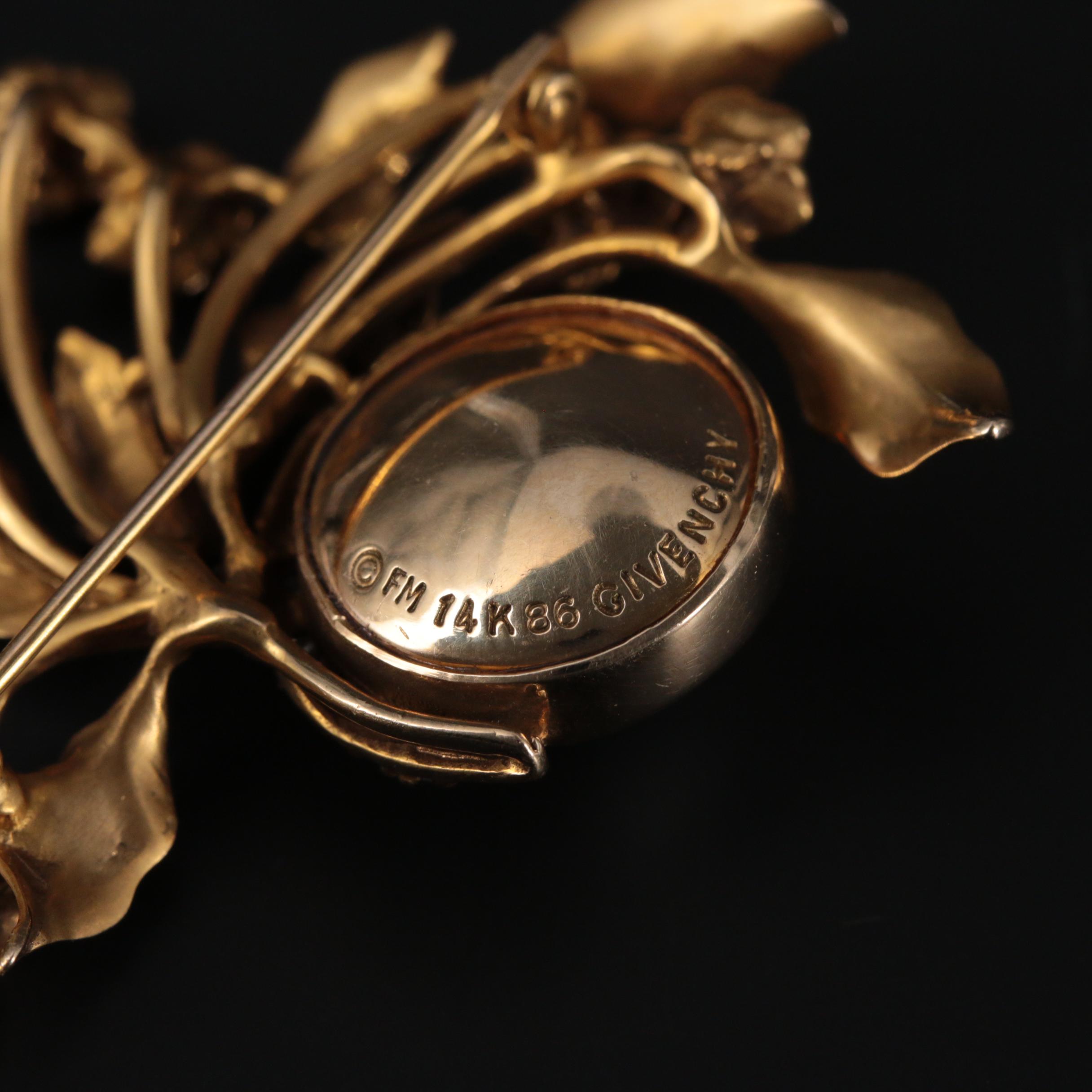 Vintage Givenchy Cultured Pearl, Diamond, and Ruby Floral Brooch