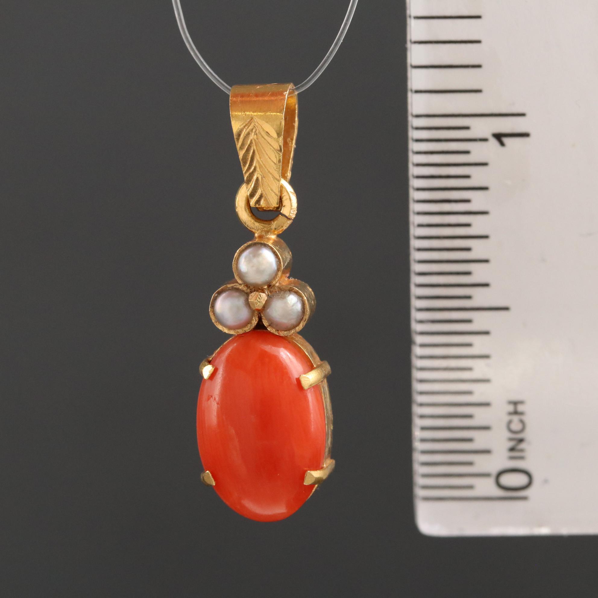18K Yellow Gold Coral and Seed Pearl Pendant