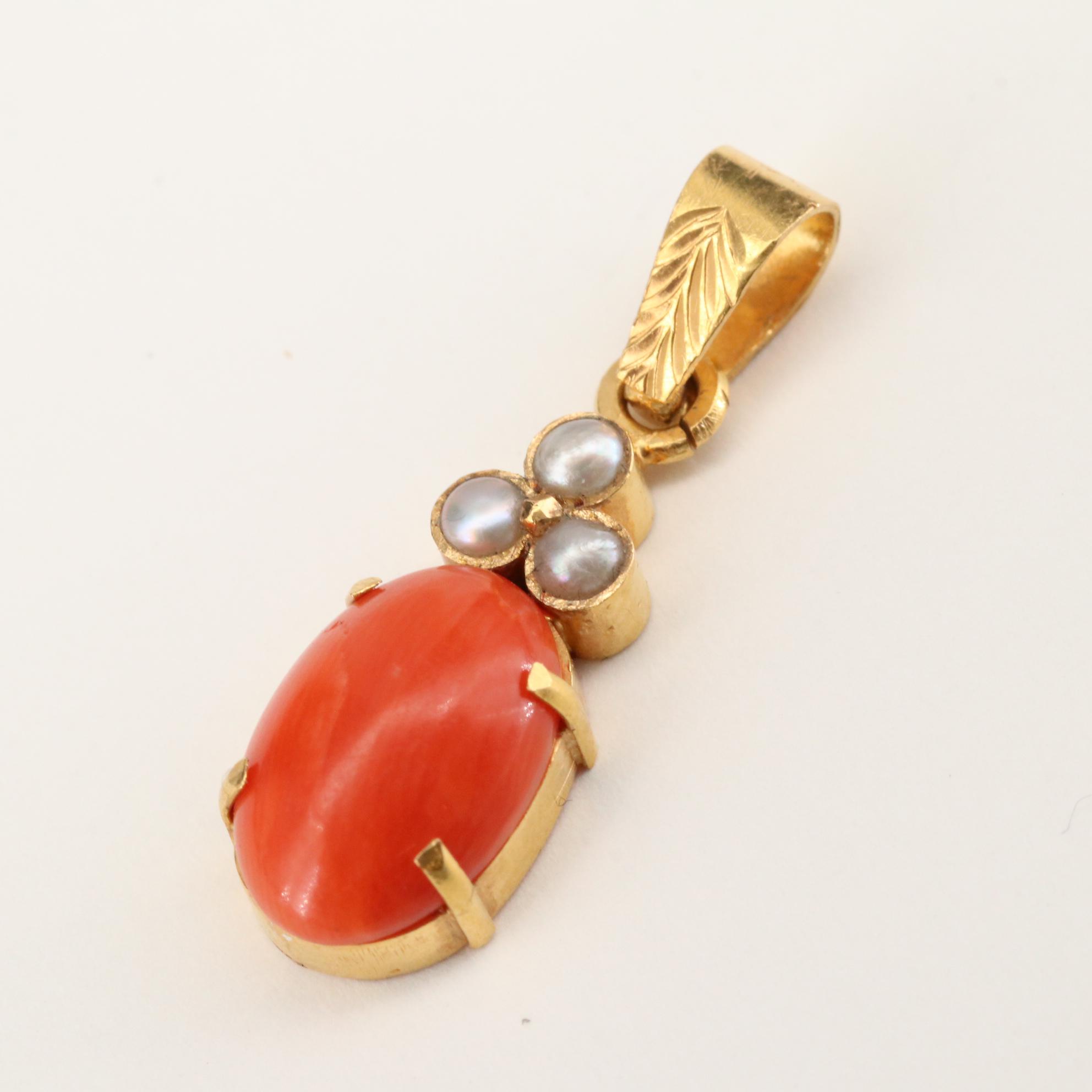 18K Yellow Gold Coral and Seed Pearl Pendant