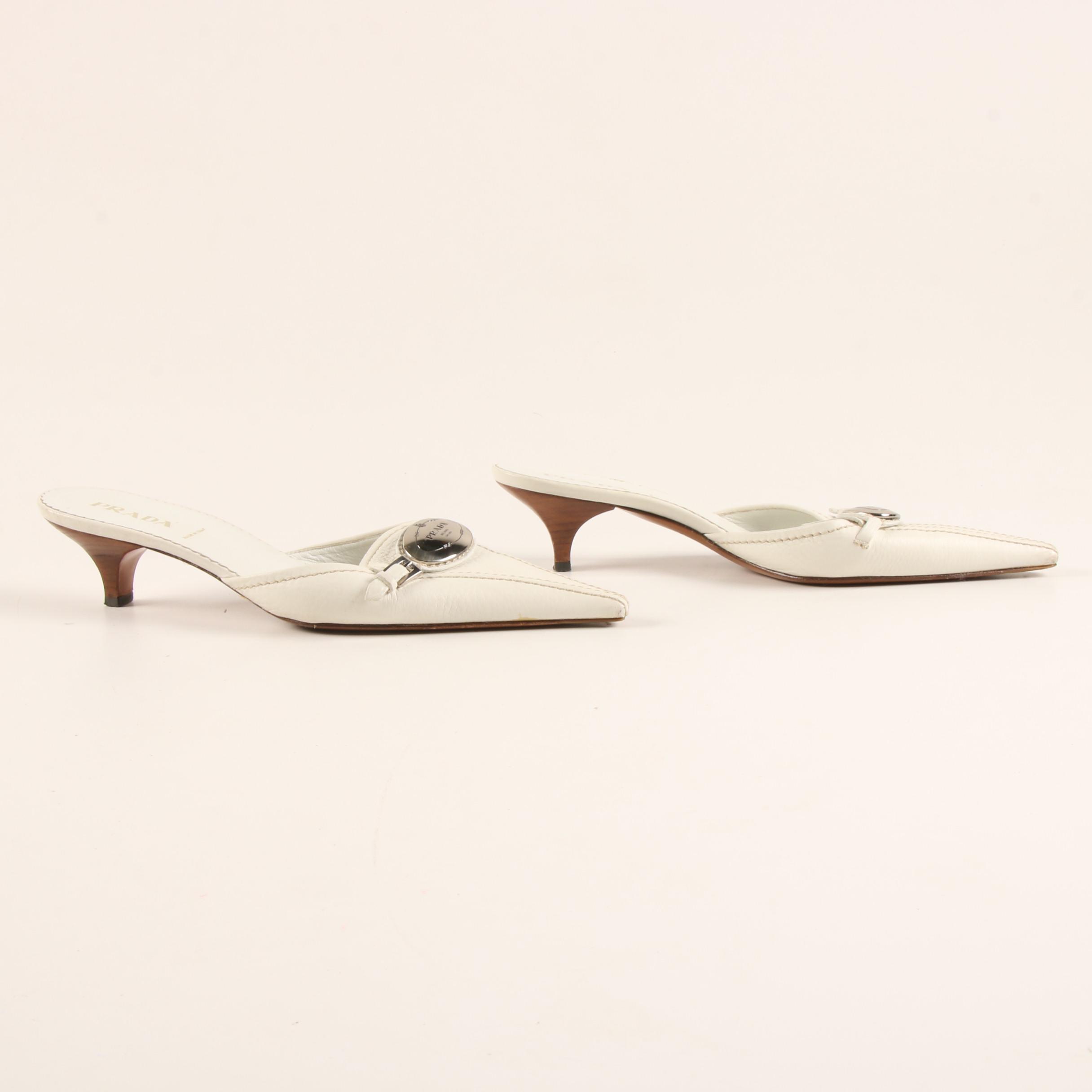 Prada Daino Snip Toe Mules in White Deerskin Leather