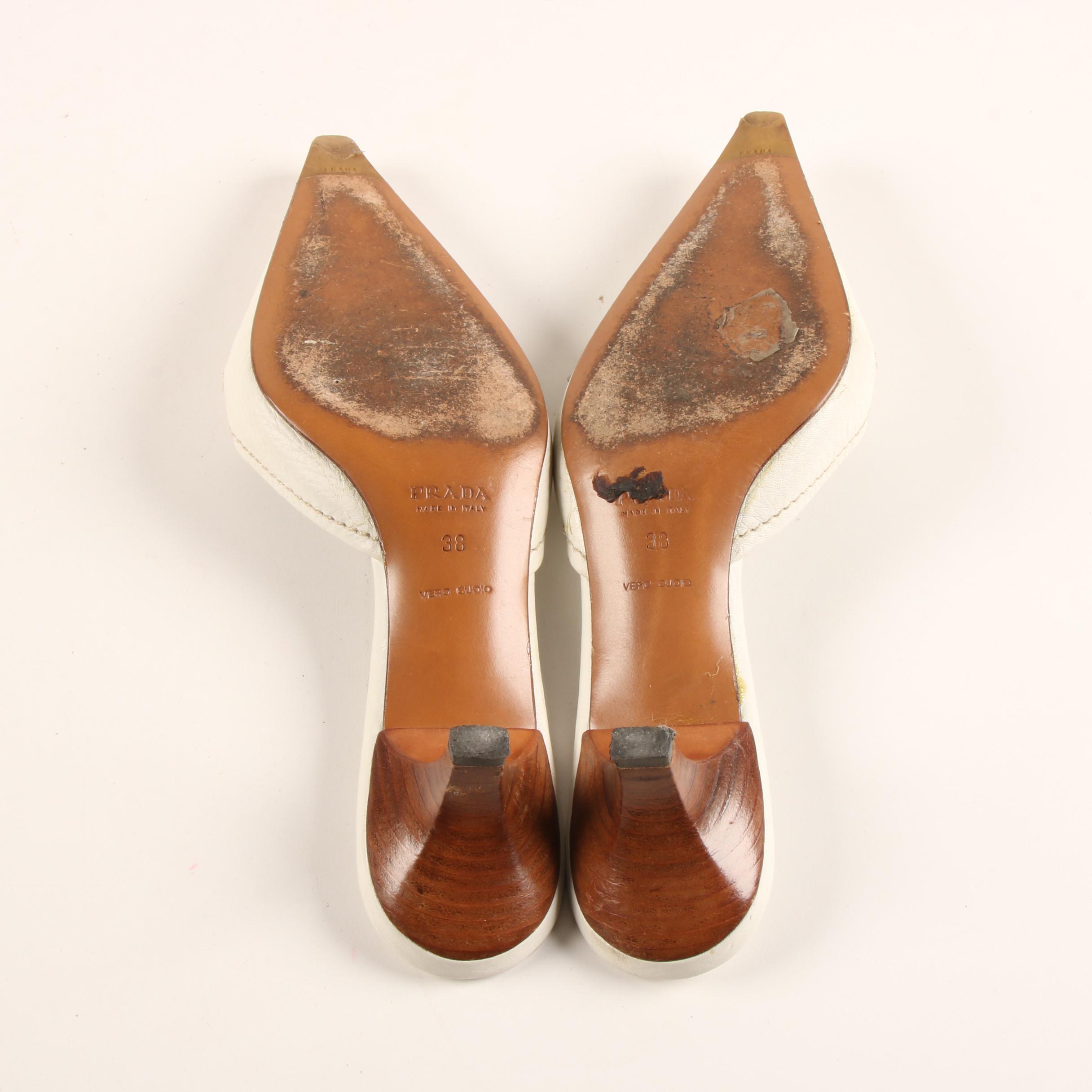 Prada Daino Snip Toe Mules in White Deerskin Leather