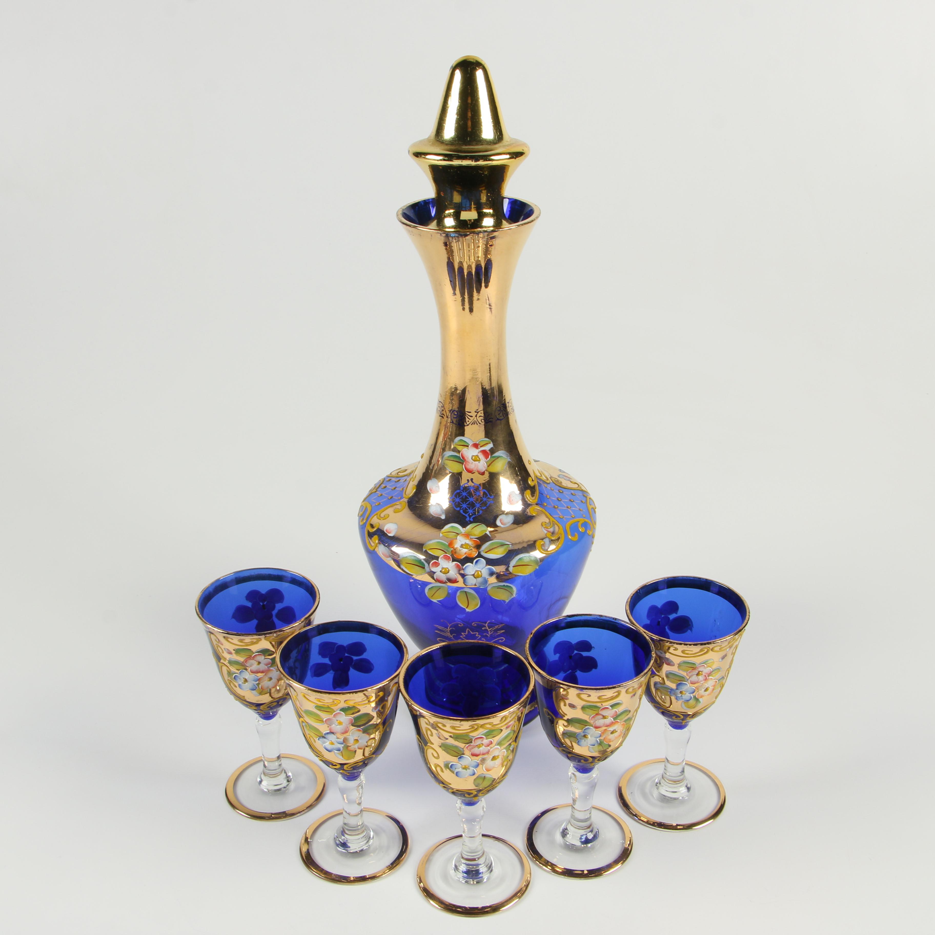 Hand-Painted and Gilded Cobalt Blue Glass Decanter Set, Vintage