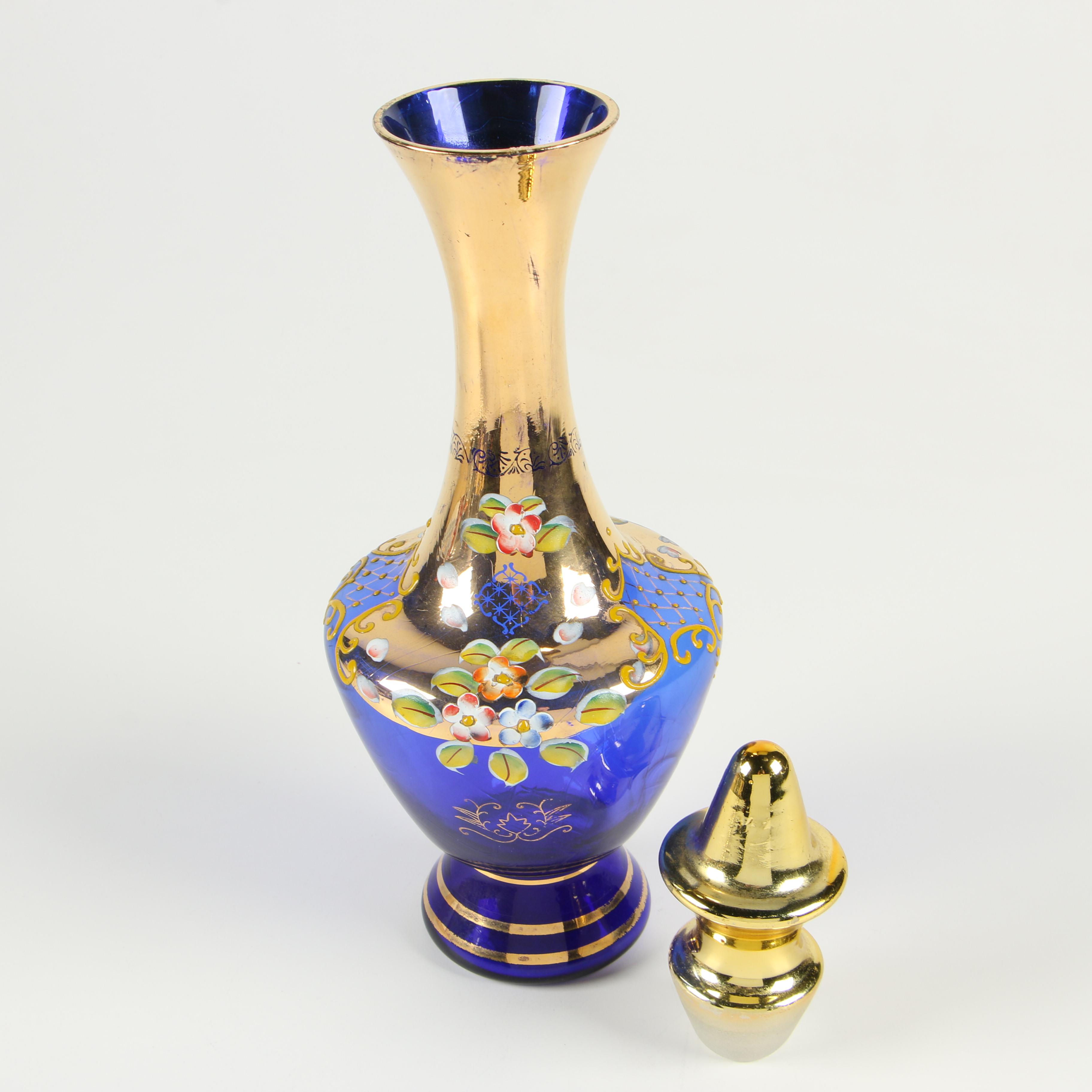 Hand-Painted and Gilded Cobalt Blue Glass Decanter Set, Vintage