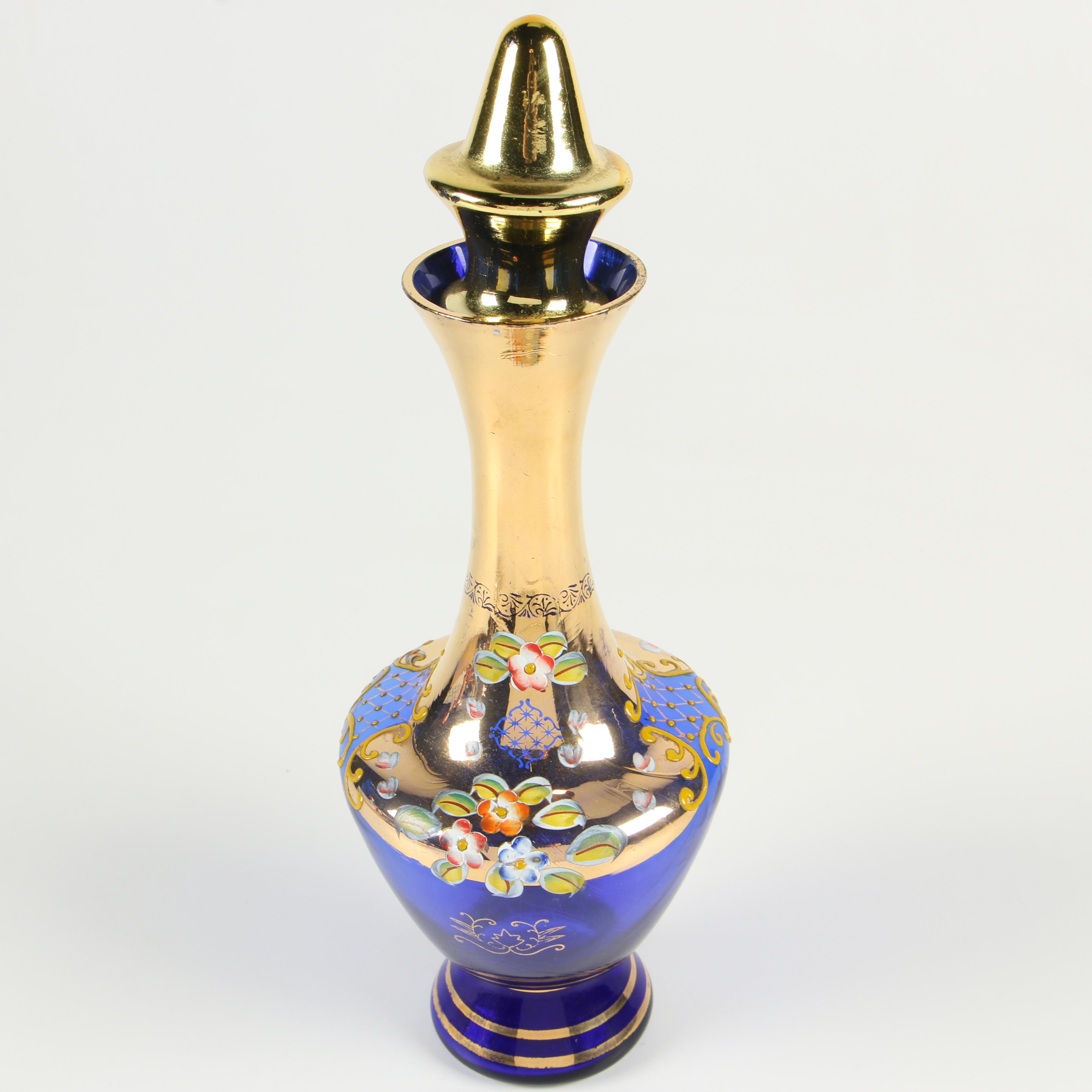 Hand-Painted and Gilded Cobalt Blue Glass Decanter Set, Vintage