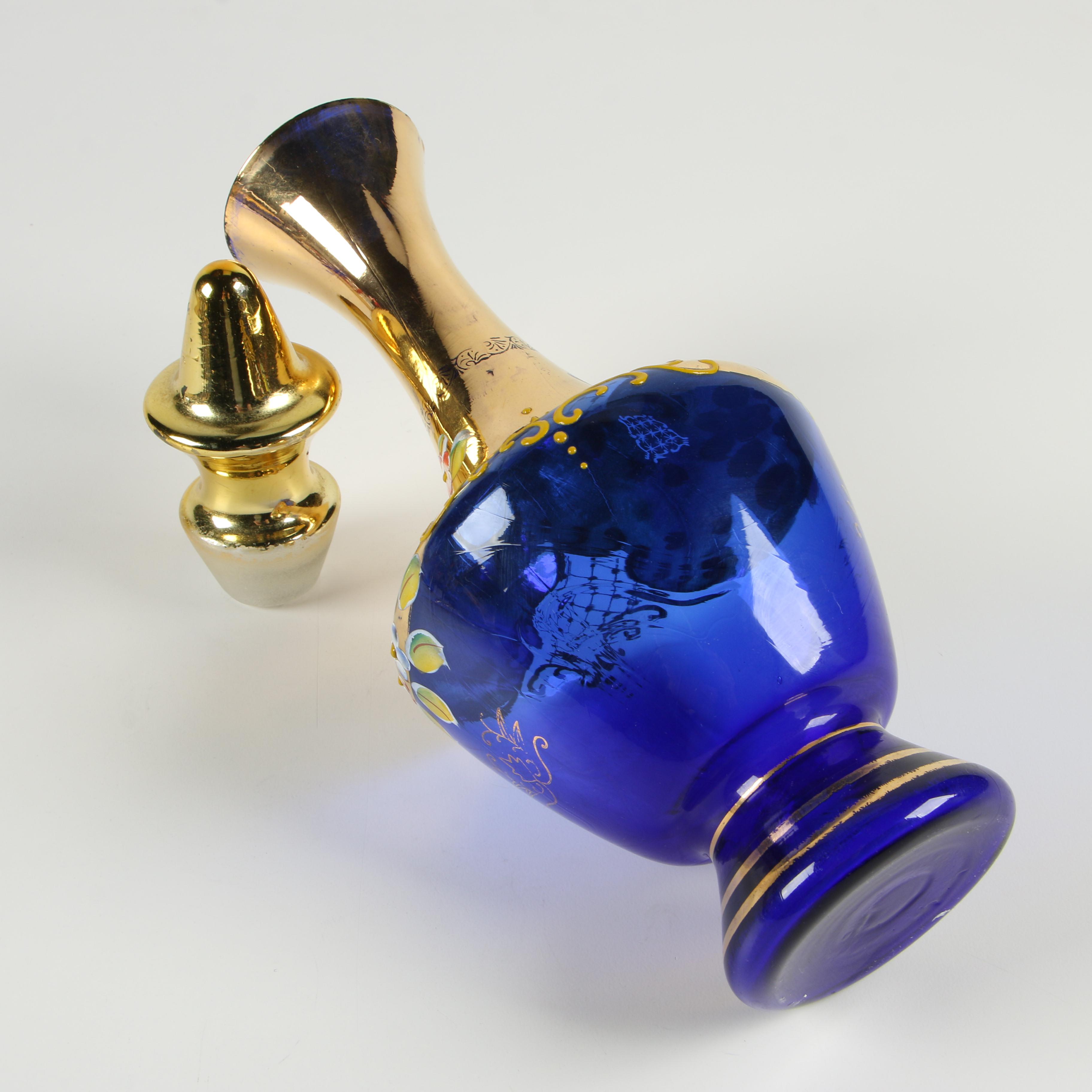 Hand-Painted and Gilded Cobalt Blue Glass Decanter Set, Vintage