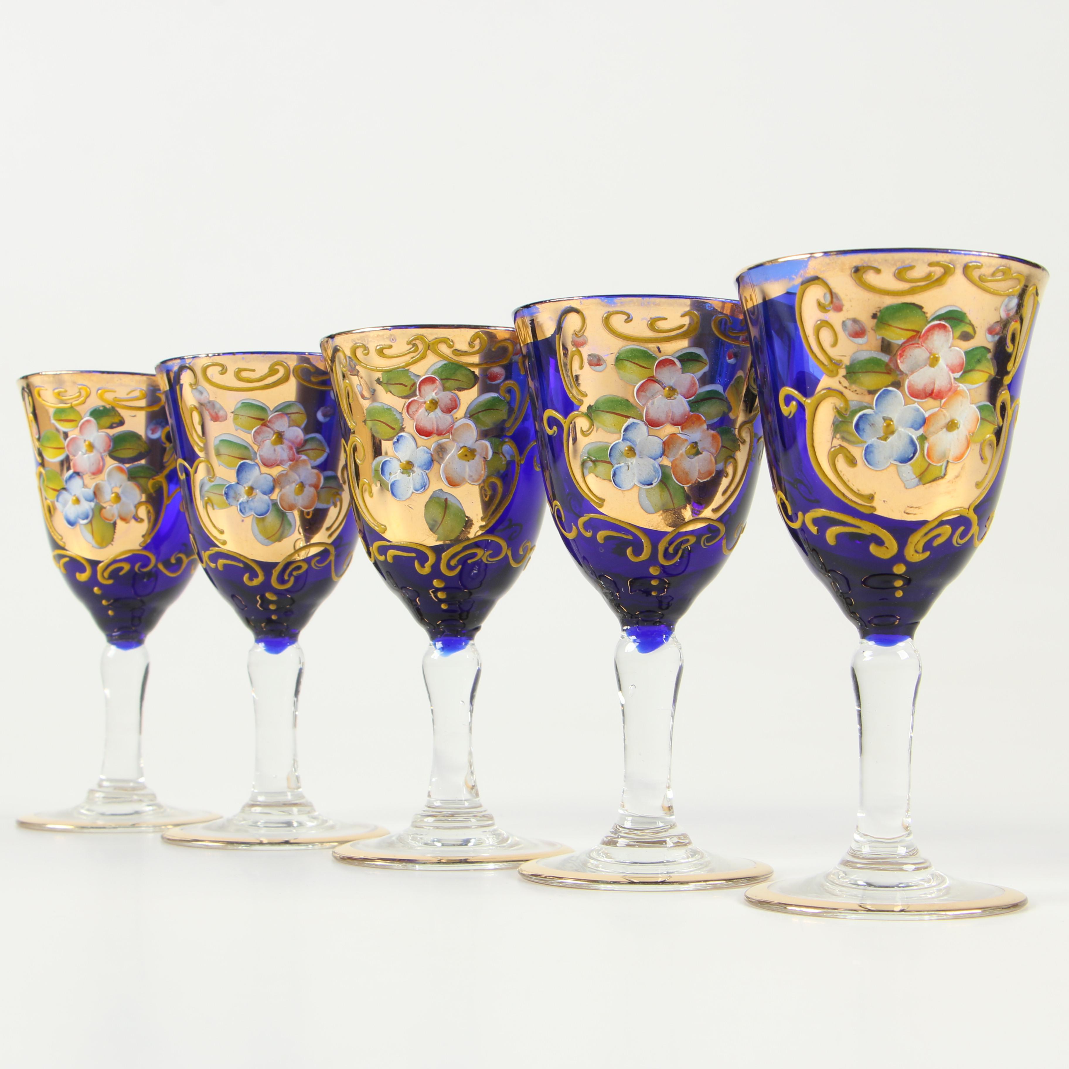 Hand-Painted and Gilded Cobalt Blue Glass Decanter Set, Vintage