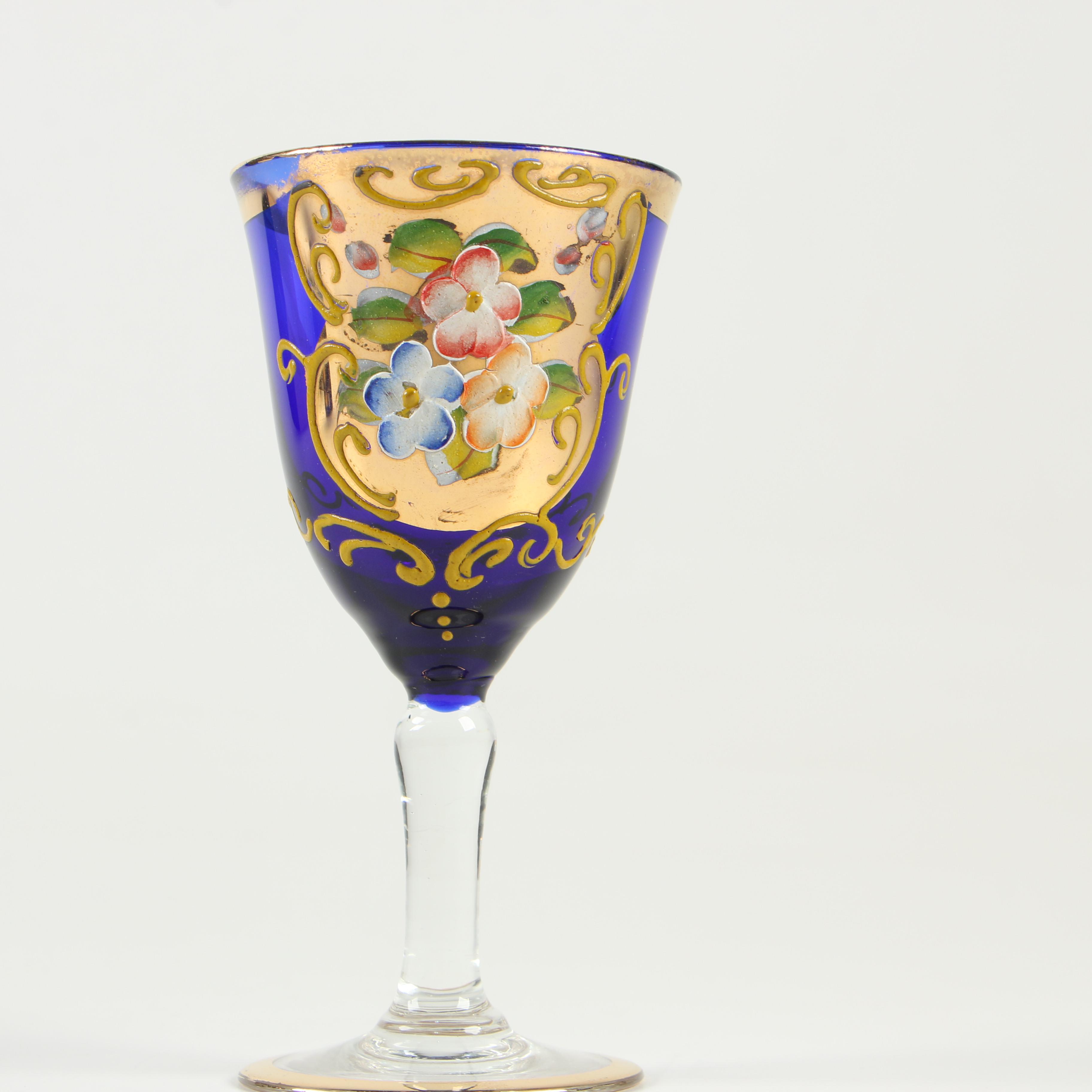 Hand-Painted and Gilded Cobalt Blue Glass Decanter Set, Vintage
