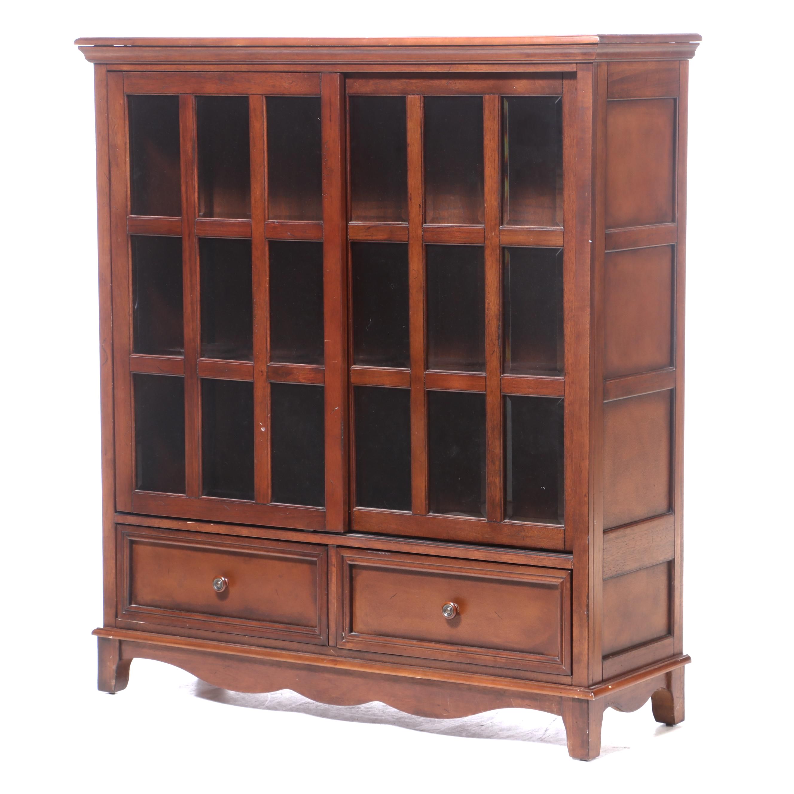 Mission Style Oak Sliding Glass Front Cabinet Bookcase, Late 20th Century