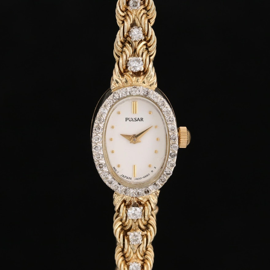 Vintage Pulsar 14K Yellow Gold Diamond Quartz Wristwatch