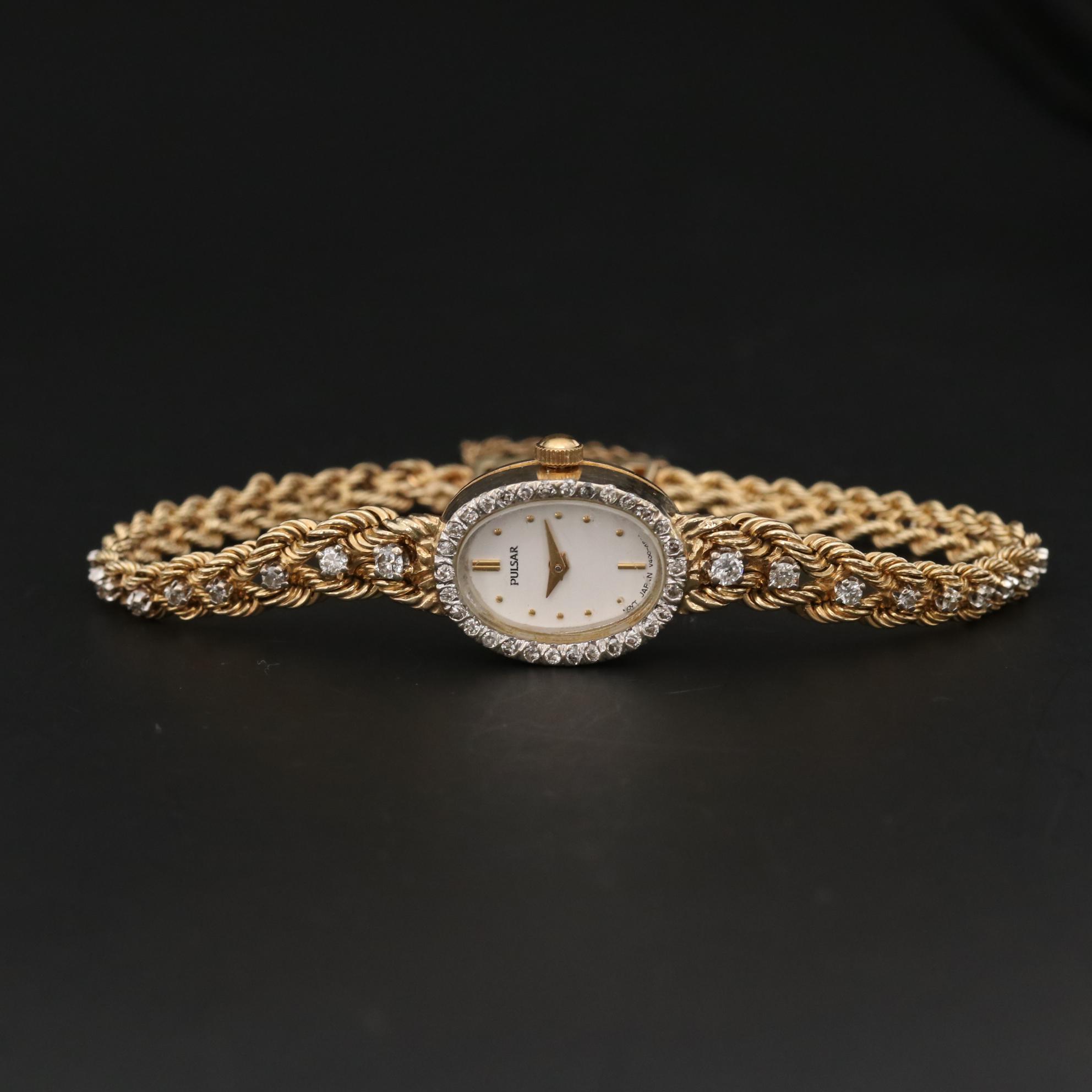 Vintage Pulsar 14K Yellow Gold Diamond Quartz Watch