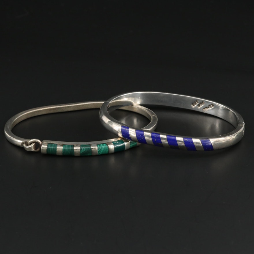 Taxco Sterling Silver Oval Bangle Bracelets with Lapis Lazuli and Malachite