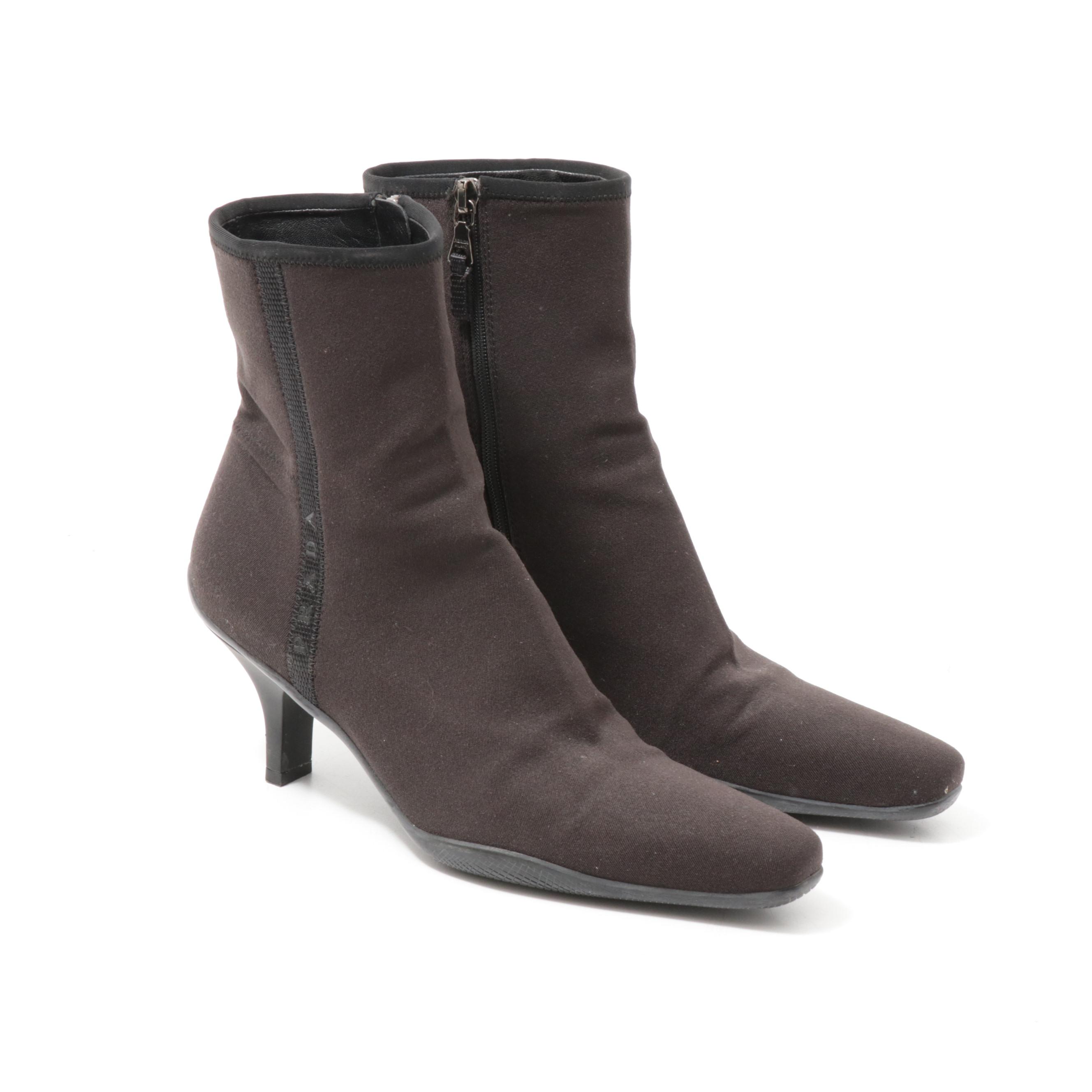 Prada Brown Zip-Up Ankle Boots Trimmed in Black