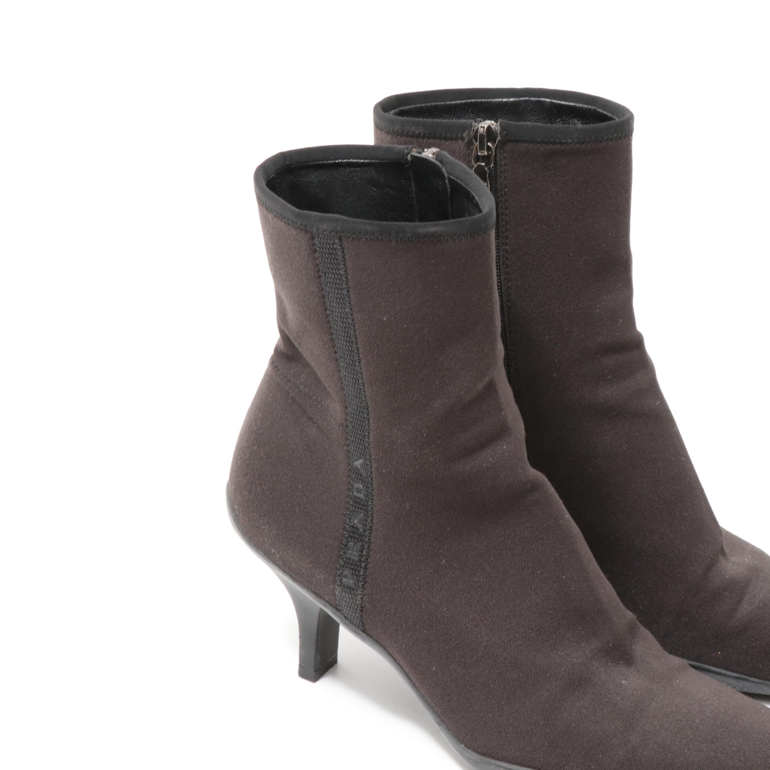 Prada Brown Zip-Up Ankle Boots Trimmed in Black