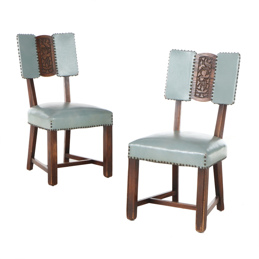 Romweber Carved Oak Vinyl Upholstered Side Chairs, Mid-20th Century