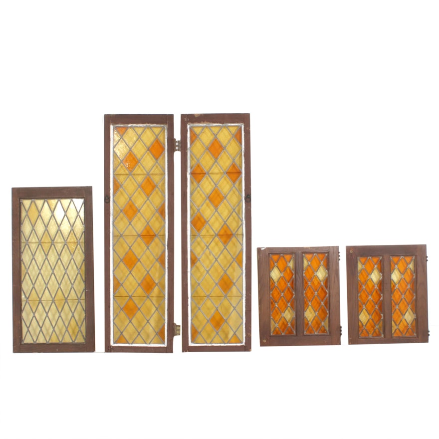 Amber Diamond Leaded Glass Windows, Antique