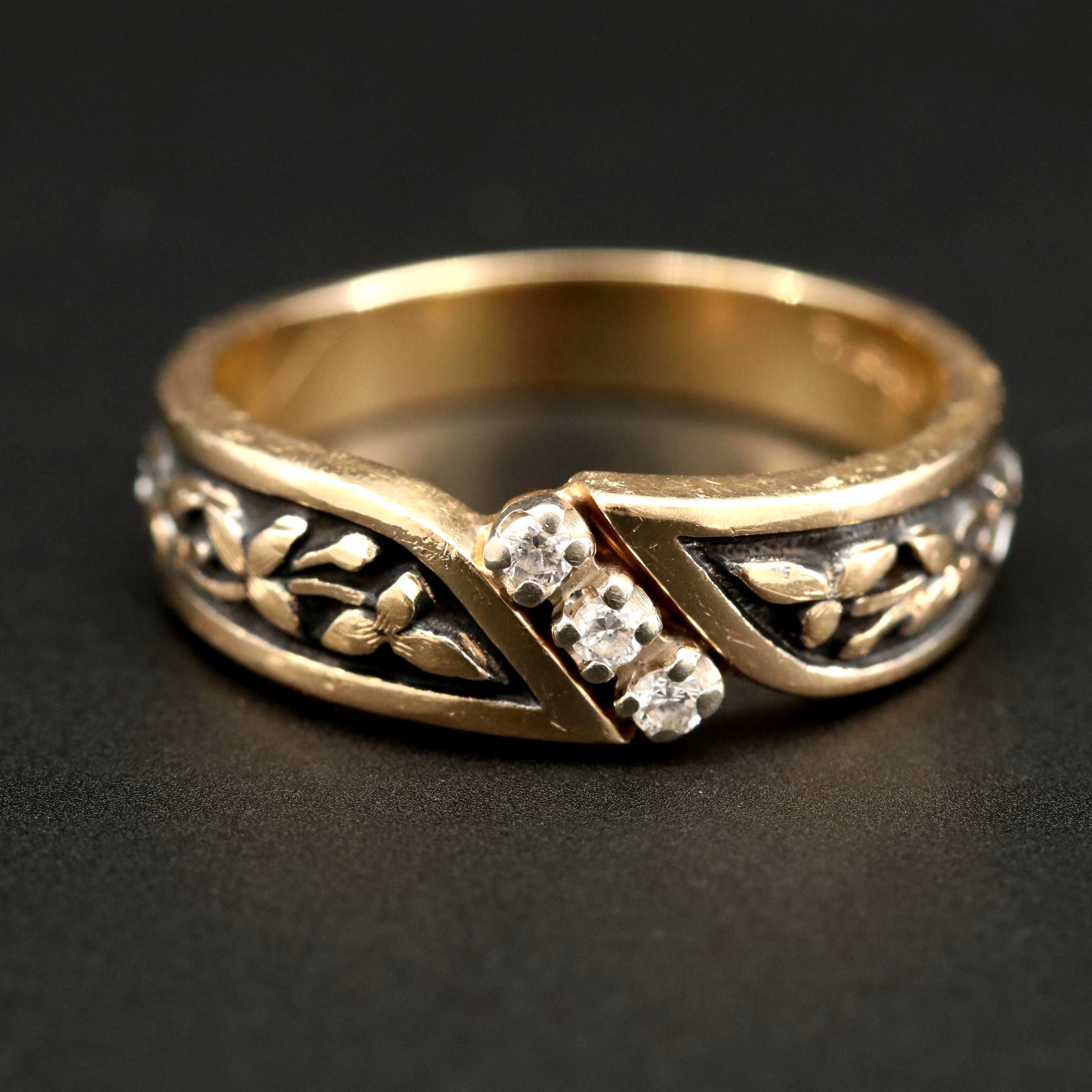 Vintage ArtCarved 14K Yellow Gold Diamond Floral Ring with Black Patina Accents
